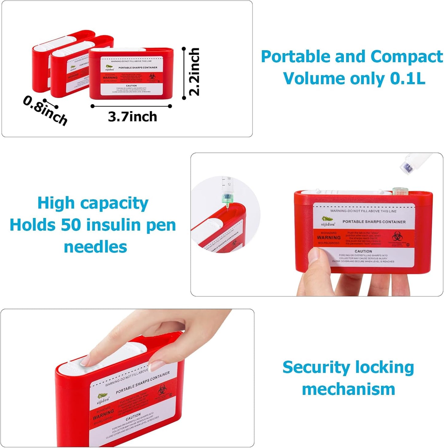 sijidou Portable Insulin Pen and Needle Travel Case, Holds 1 Insulin Pen, 3 Needles and 1 Insulin Cartridge, with 2 Pack Pocket Sharps Container, Keep Diabetic Supply Organizer & Safe