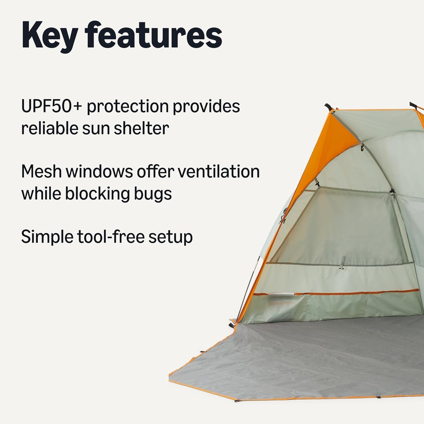 Amazon Basics Camping Sun Shelters with UPF50+ Protection, Mesh Windows for Ventilation, Simple Tool-Free Setup, 7 x 4 x 4 feet (LxWxH), Gray and Orange