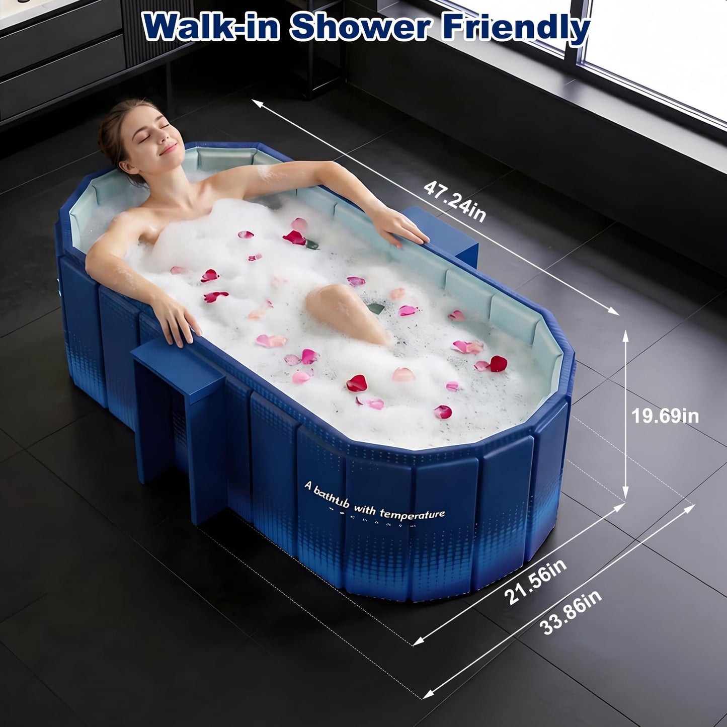 Portable Bathtub for Adult 59" Large Collapsible Cold Plunge Bathtub Foldable No Installation Ice Bath Tub for Shower Stall, Bathroom Hot SPA Soaking Standing Tub