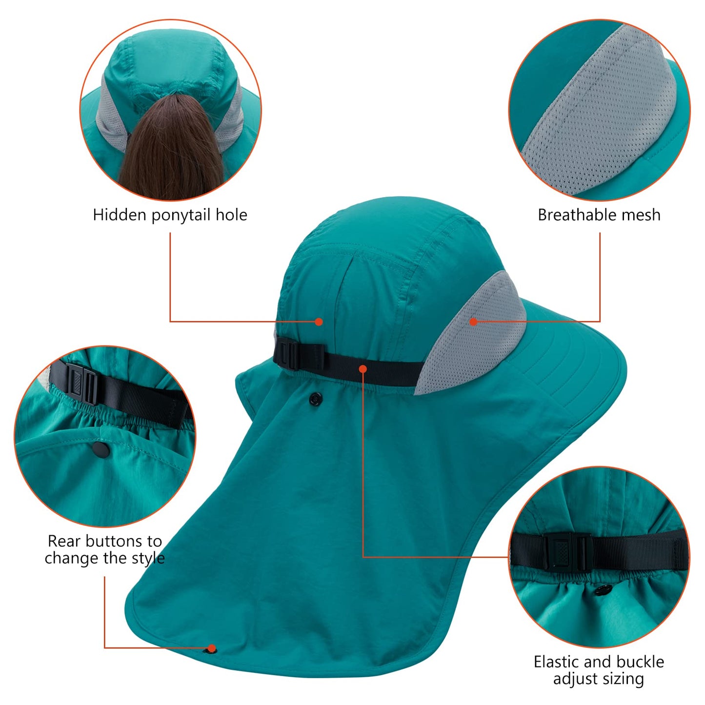 BASSDASH UPF 50+ Unisex Water Resistant Wide Brim Sun Hat with Large Neck Flap Ponytail Fishing Hat for Men Women