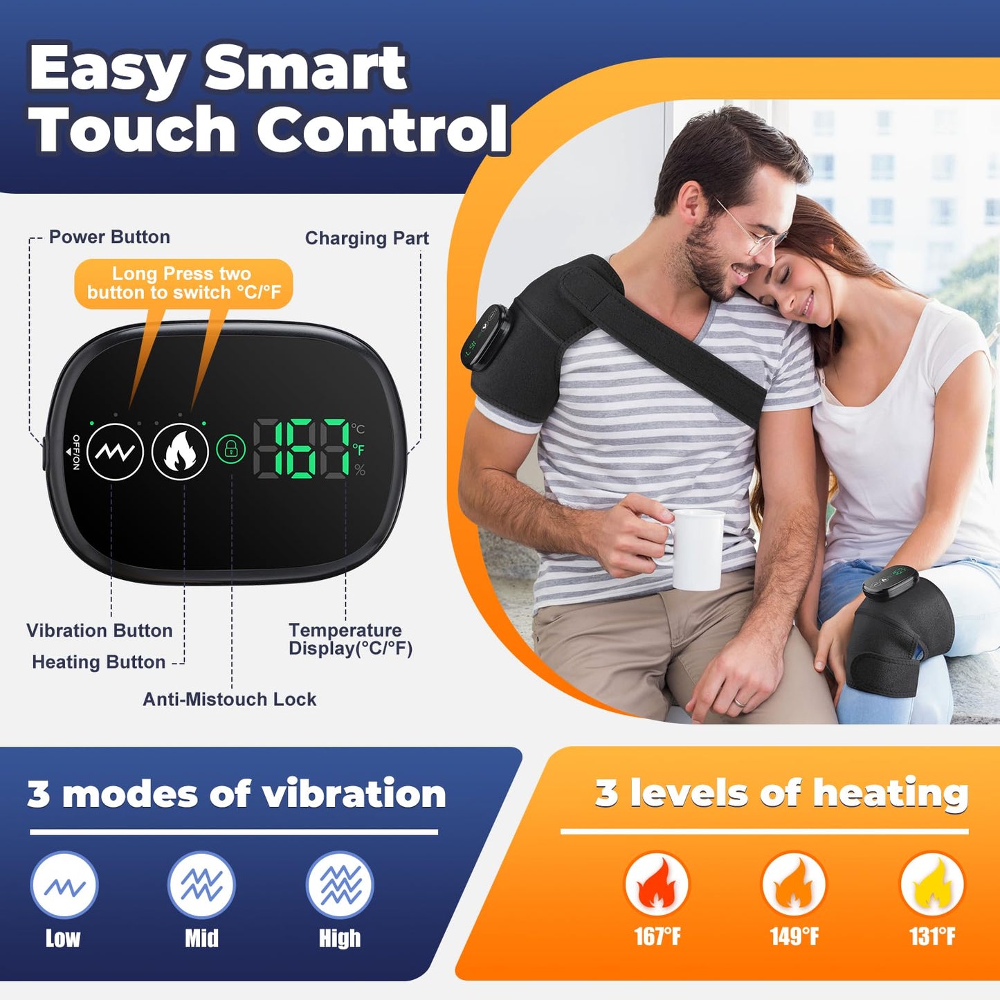 Cordless Heated Knee Massager, FSA Eligible 3-in-1 Wearable Wrap for Knee, Elbow and Shoulder, Rechargeable Heat and Vibration Massager, 6 Heat Levels, 3 Massage Modes