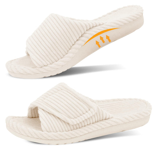 Orthopedic Slippers for Women Arch Support Indoor Slippers for Plantar Fasciitis Orthotic Adjustable Open Toe Corduroy Bedroom House Shoes for Ladies