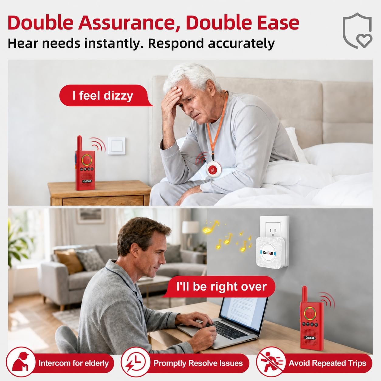 CallToU Wireless Caregiver Pager Smart Call System 2 SOS Call Buttons/Transmitters 2 Receivers Nurse Calling Alert Patient Help System for Home/Personal Attention Pager 500+Feet Plugin Receiver