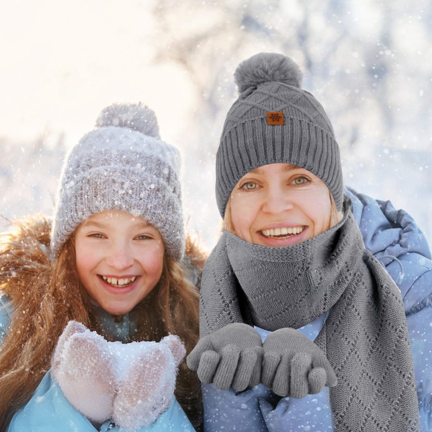 YARIEW Winter Hat Scarf and Gloves Set for Women, Warm Knitted Beanie with Pom Pom, Soft Ear Warmer Scarf, Warm Gloves