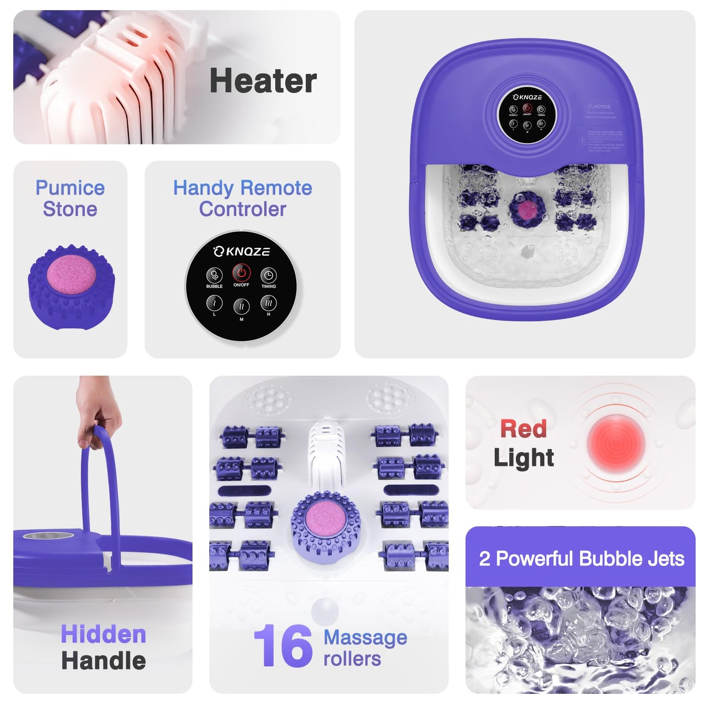 KNQZE Collapsible Foot Spa Bath with Heat & Remote Control, Bubble Massage, Temperature Control, Red Light, Timer, 16 Rollers & Pumice Stone for a Soothing Spa Experience