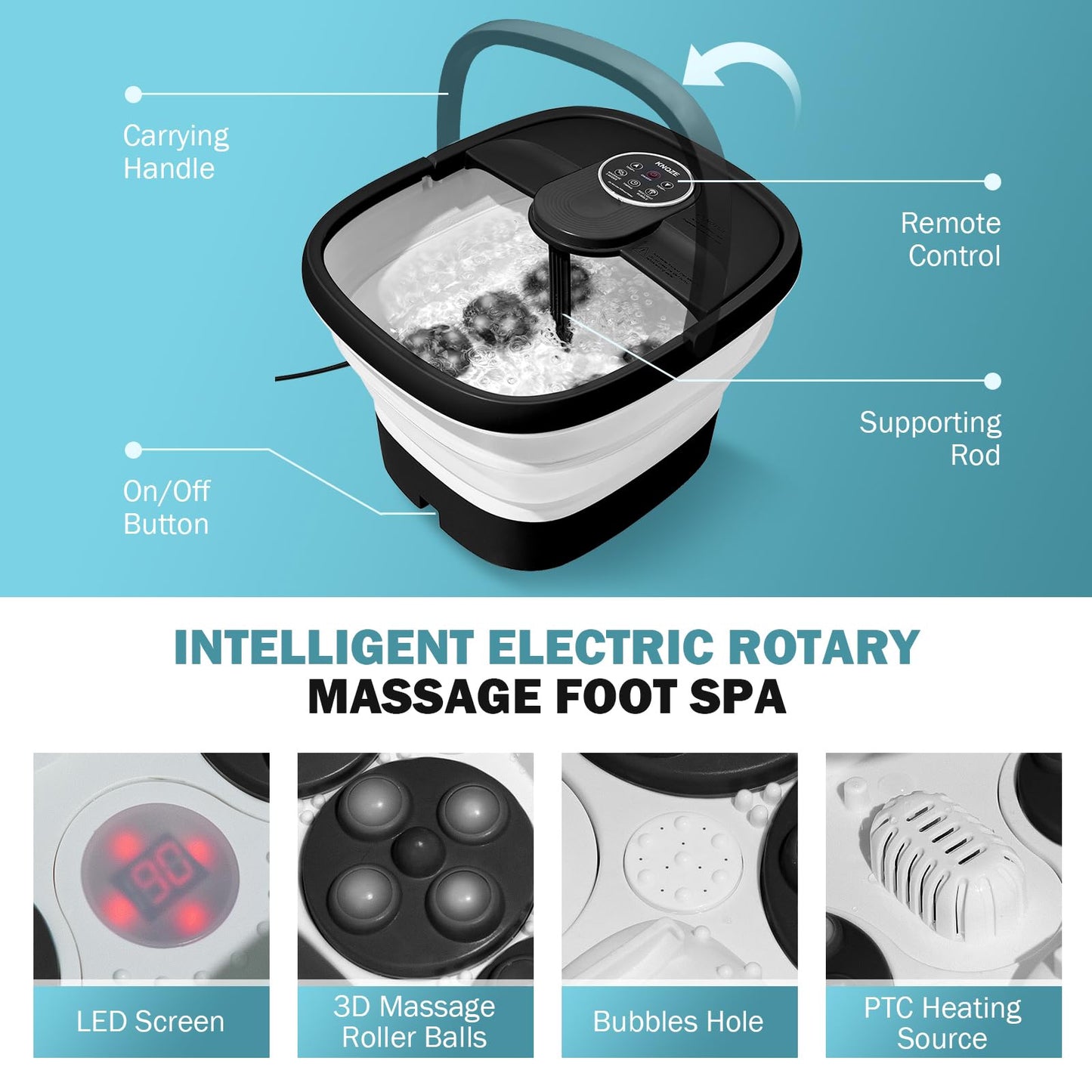 KNQZE Collapsible Foot Spa Bath with Heat & Remote Control, Bubble Massage, Temperature Control, Red Light, Timer, 16 Rollers & Pumice Stone for a Soothing Spa Experience