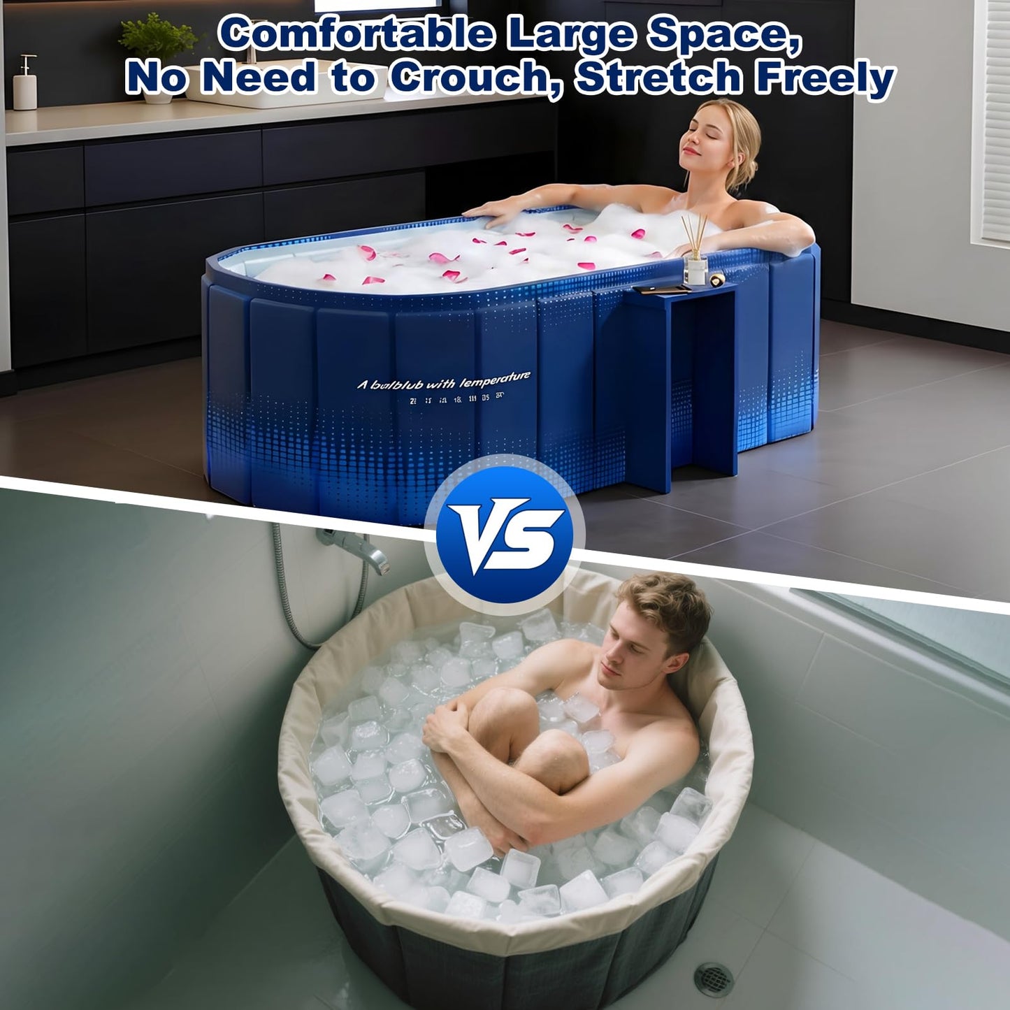 Portable Bathtub for Adult 59" Large Collapsible Cold Plunge Bathtub Foldable No Installation Ice Bath Tub for Shower Stall, Bathroom Hot SPA Soaking Standing Tub