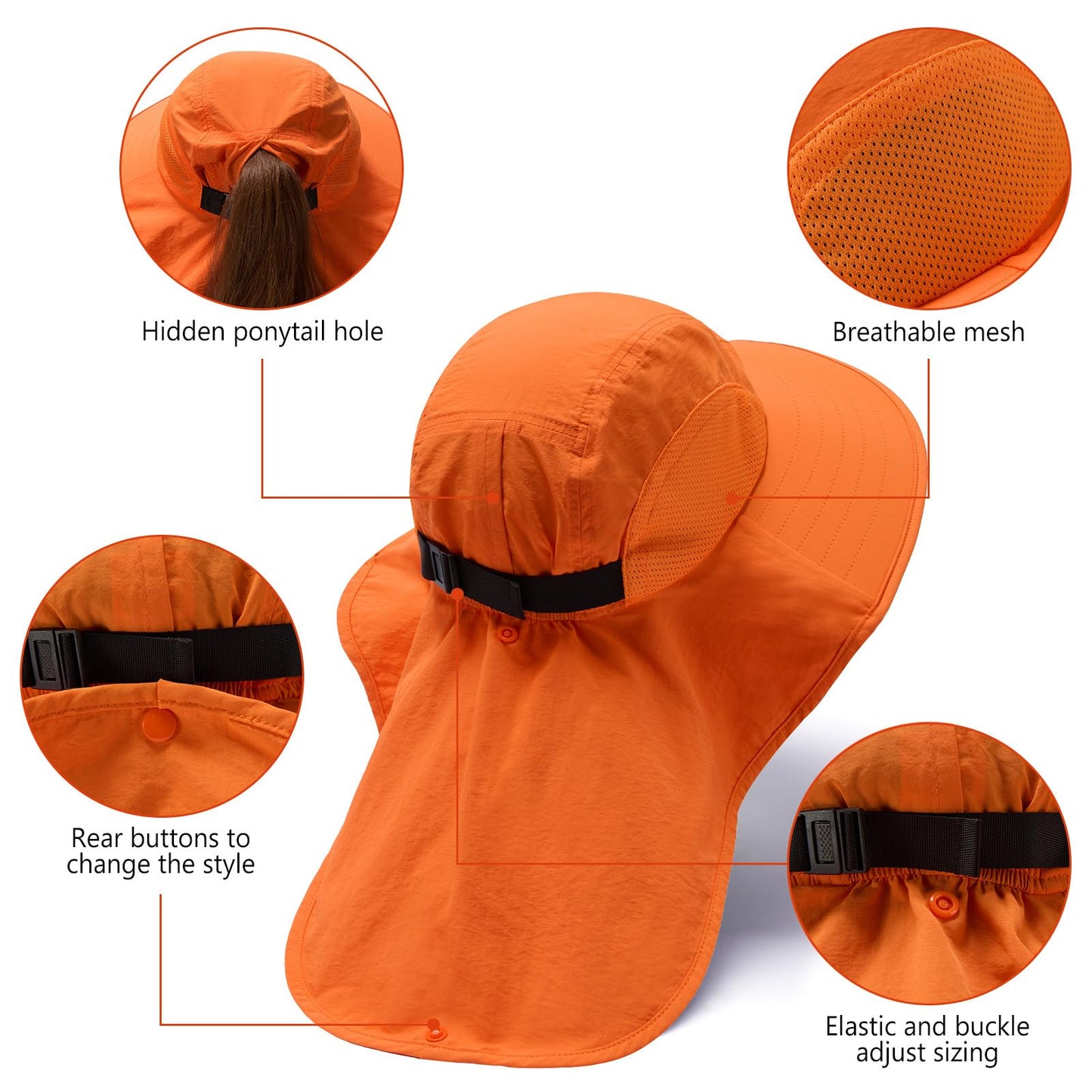BASSDASH UPF 50+ Unisex Water Resistant Wide Brim Sun Hat with Large Neck Flap Ponytail Fishing Hat for Men Women