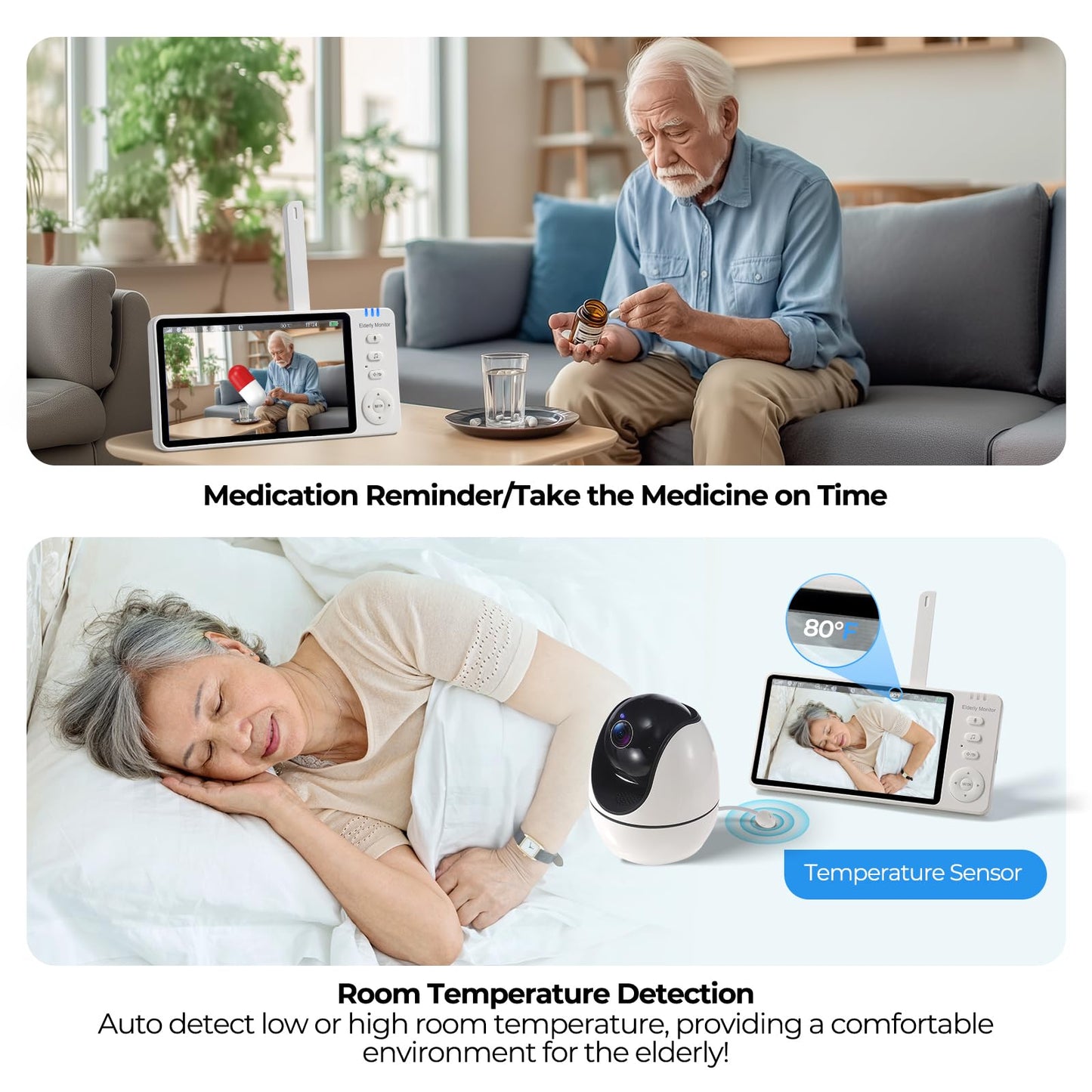 Elderly Monitor with Camera and Audio, Two-Way Talk Baby Monitors for Elderly Care, Call Button, Med Reminder Camera for Elderly Monitoring, for Seniors, Dementia Patients (No WiFi)