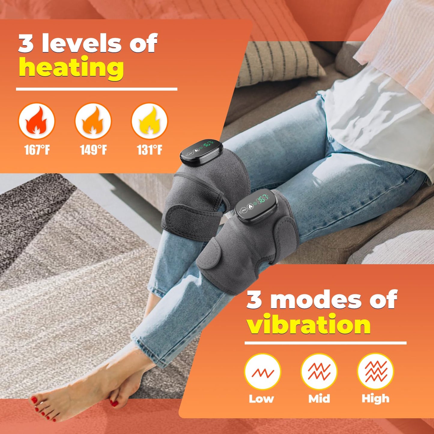 Cordless Heated Knee Massager, FSA Eligible 3-in-1 Wearable Wrap for Knee, Elbow and Shoulder, Rechargeable Heat and Vibration Massager, 6 Heat Levels, 3 Massage Modes