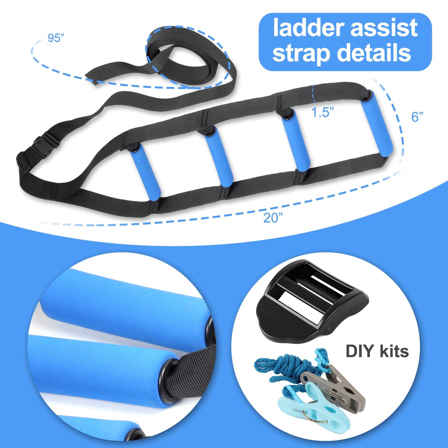 Bed Ladder Assist,Pull up Helper and Sit up Helper 4 Handle Grips,Bed Rail Assistance Devices Adjustable Length Bed Lift for Most Beds Mobility Aid for Elderly, Handicapped,Injured (95 INCHES)