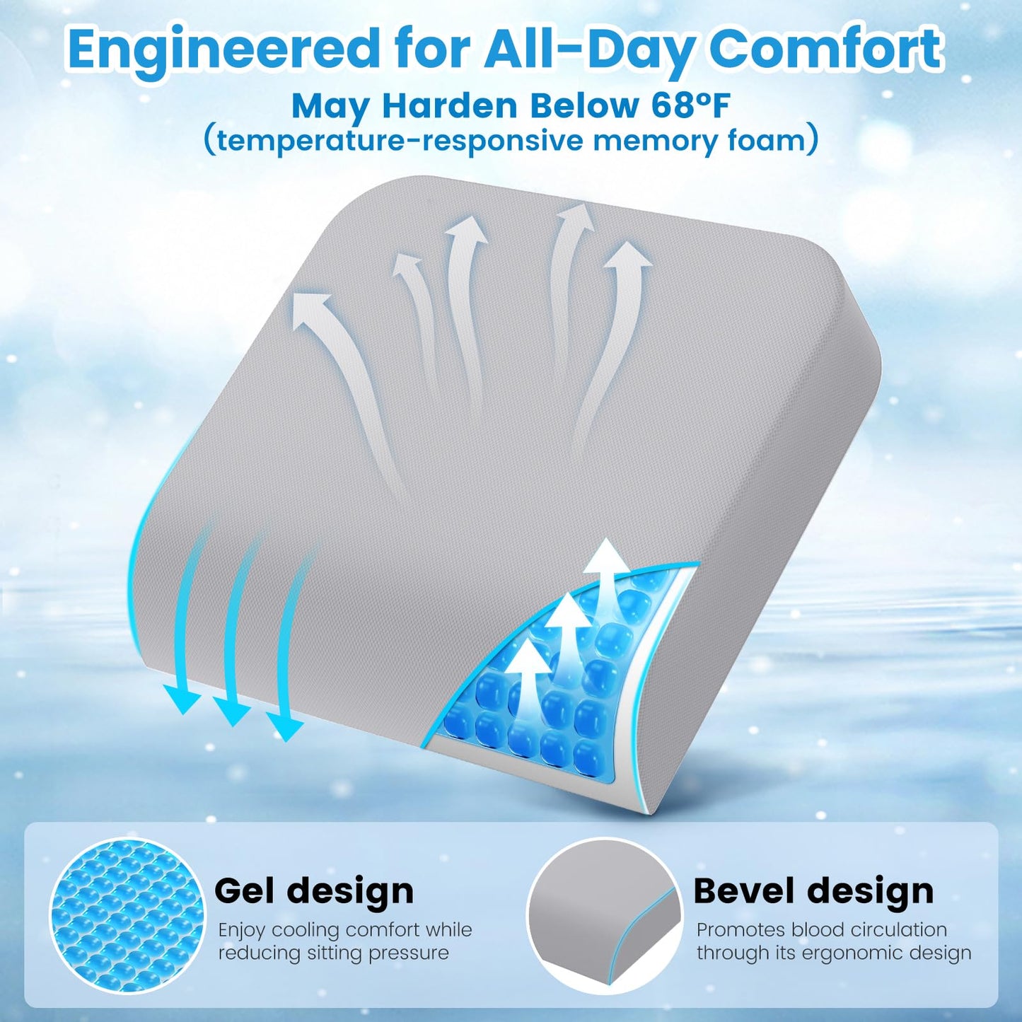 Wheelchair Seat Cushion for Pressure Relief, Cooling Gel Memory Foam Chair Cushion with Slope-Edge Design, Coccyx Support for Tailbone Pain, Non-Slip, for Wheelchairs, Office Chairs & Car Seats