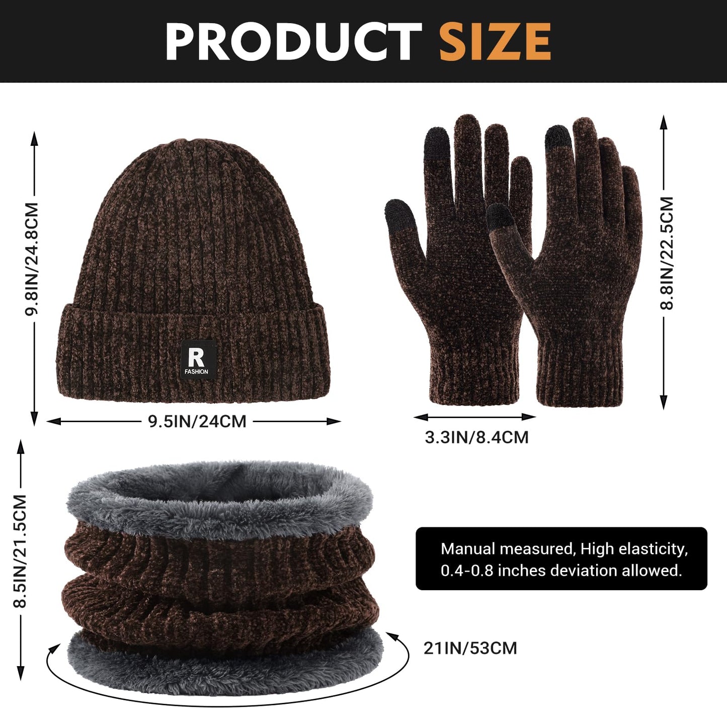 Winter Beanie Hat Circle Scarf Gloves Set for Men Women, Thick Warm Chenille Skull Cap Touchscreen Gloves Neck Warmer