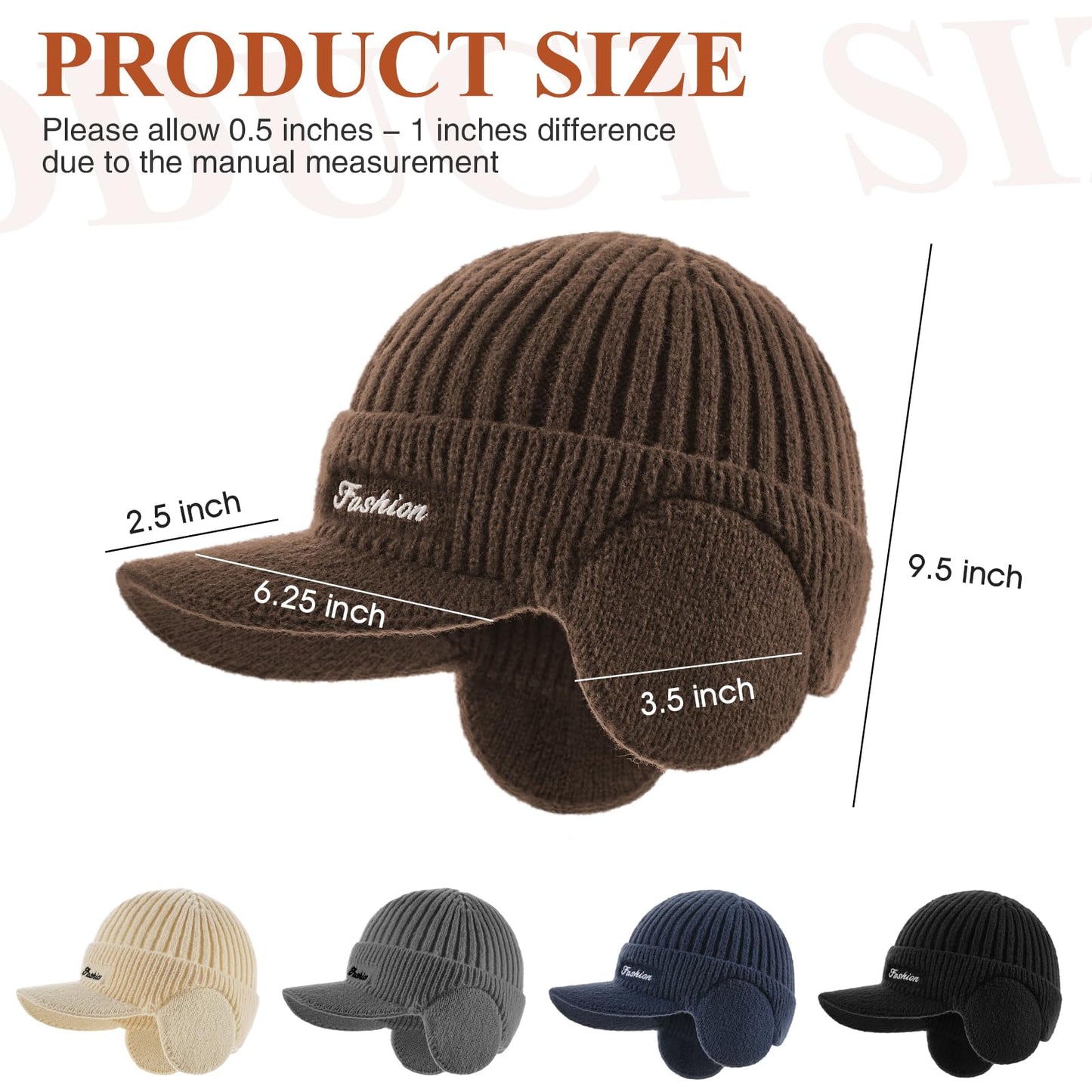 Winter Hat with Ear Flaps for Men, Beanie with Brim Hat Scarf Set, Warm Fleece Lined Skull Cap Neck Warmer for Women