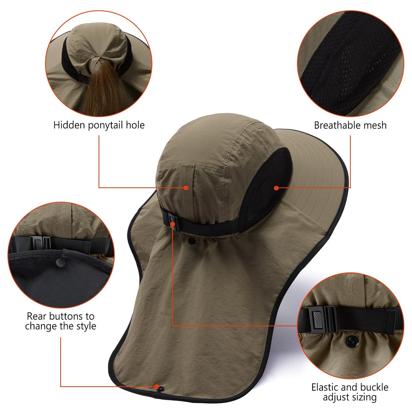 BASSDASH UPF 50+ Unisex Water Resistant Wide Brim Sun Hat with Large Neck Flap Ponytail Fishing Hat for Men Women