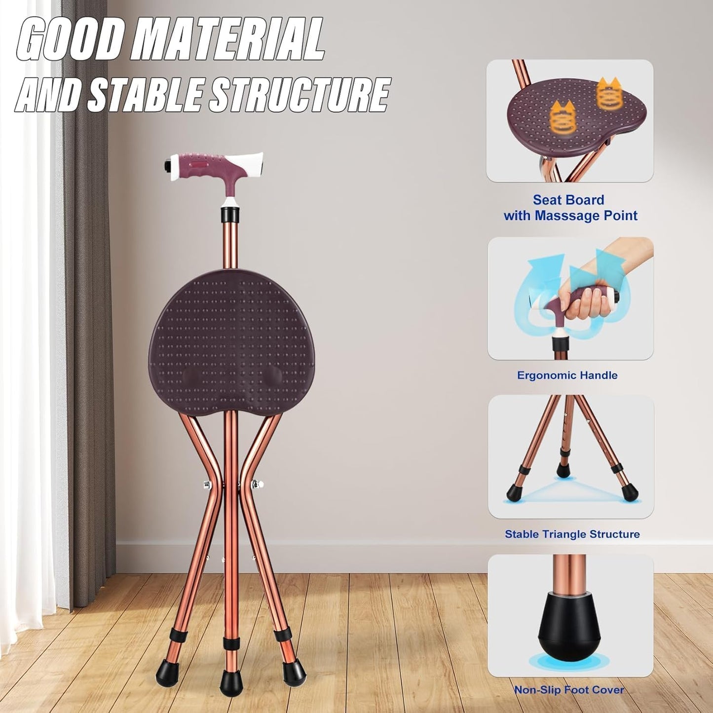 Heavy Duty Folding Cane with Seat Upgraded Tripod Design Walking Stick for Seniors Adjustable Height (32"-36") & Seat (18"-22") Portable Chair Cane for Travel Shopping Outdoor Supports up to 400 LBS