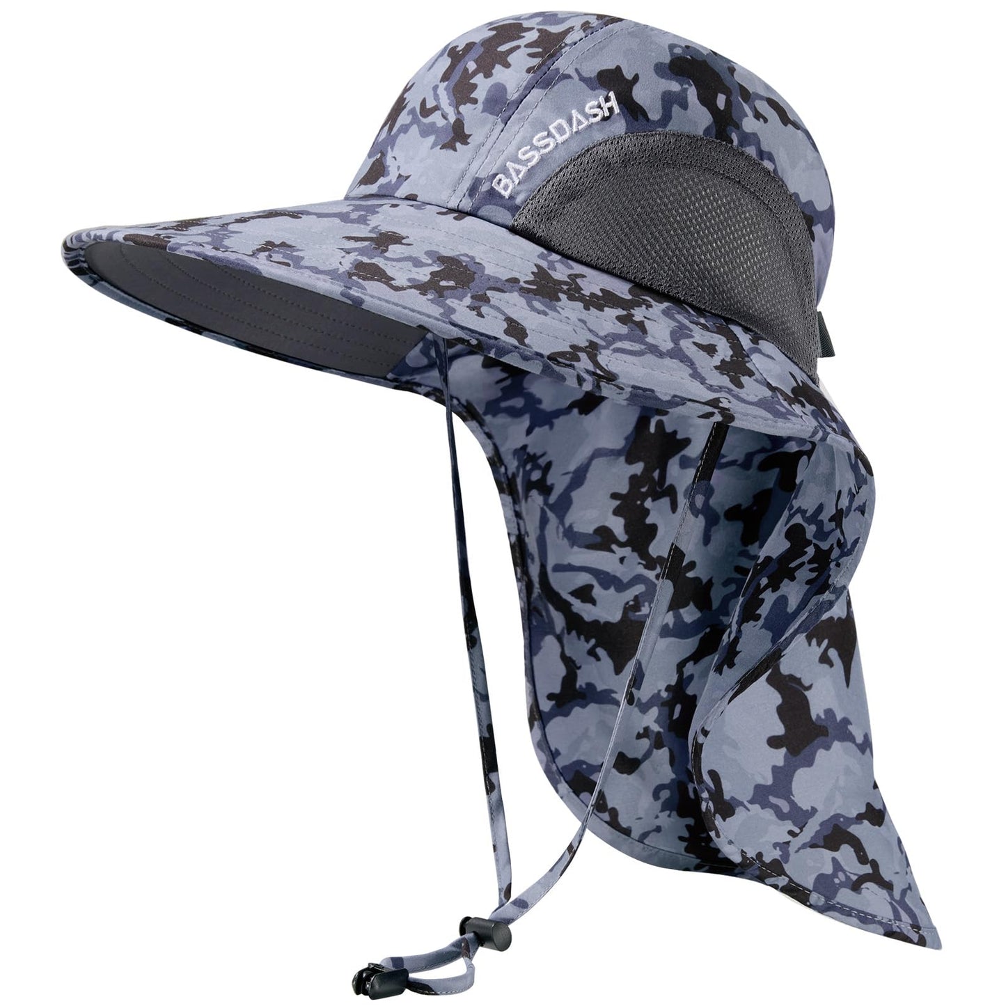 BASSDASH UPF 50+ Unisex Water Resistant Wide Brim Sun Hat with Large Neck Flap Ponytail Fishing Hat for Men Women