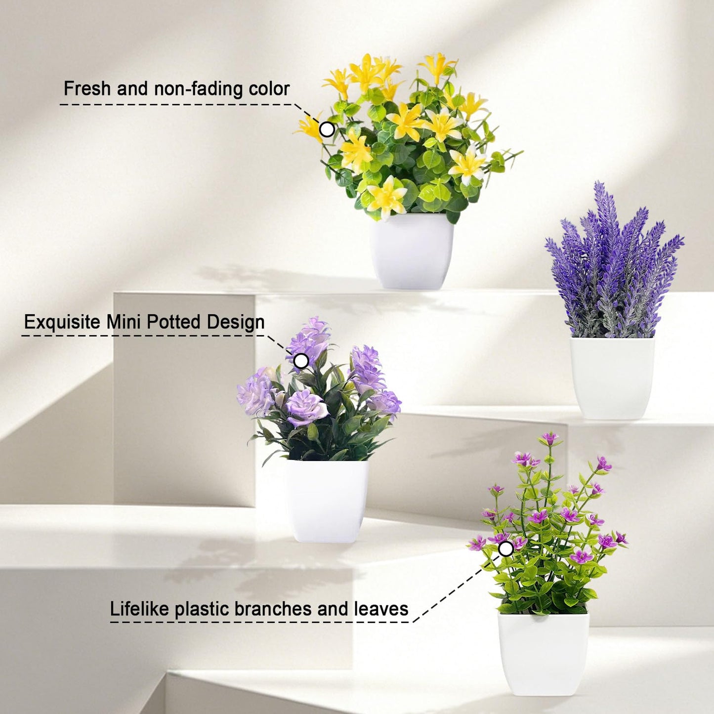 SZC&MFZ Small Fake Plants,4 PCS Artificial Potted Flowers for Home,Bathroom, Room, Bedroom, Living Room, Kitchen and Office Decor.