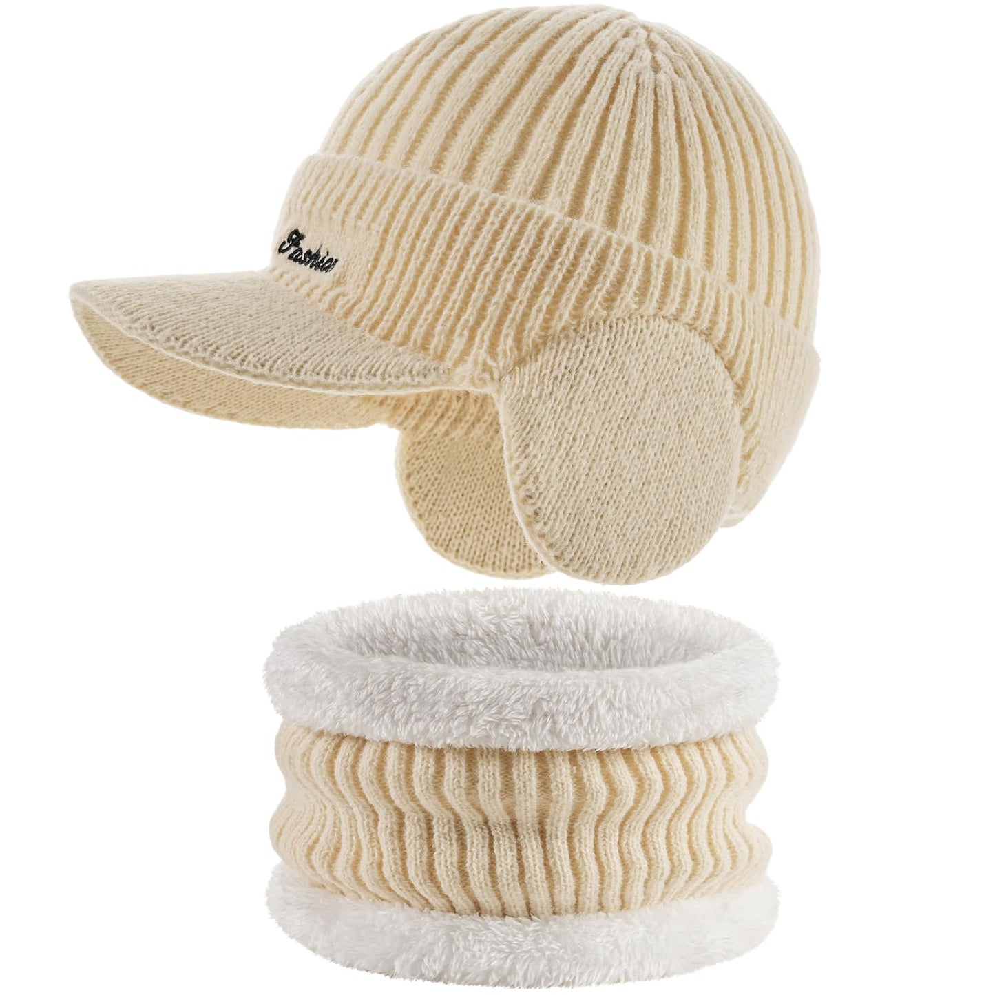Winter Hat with Ear Flaps for Men, Beanie with Brim Hat Scarf Set, Warm Fleece Lined Skull Cap Neck Warmer for Women