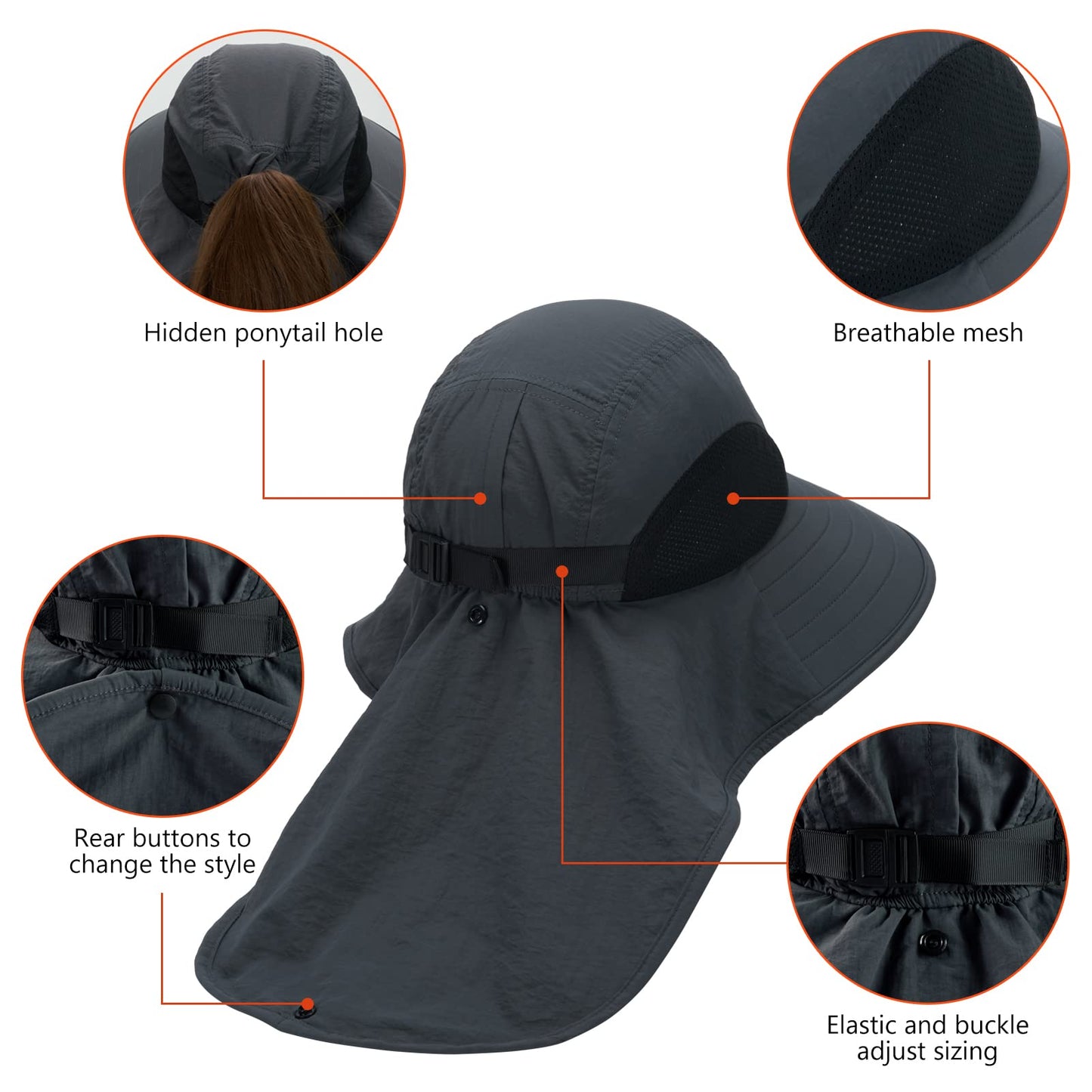 BASSDASH UPF 50+ Unisex Water Resistant Wide Brim Sun Hat with Large Neck Flap Ponytail Fishing Hat for Men Women