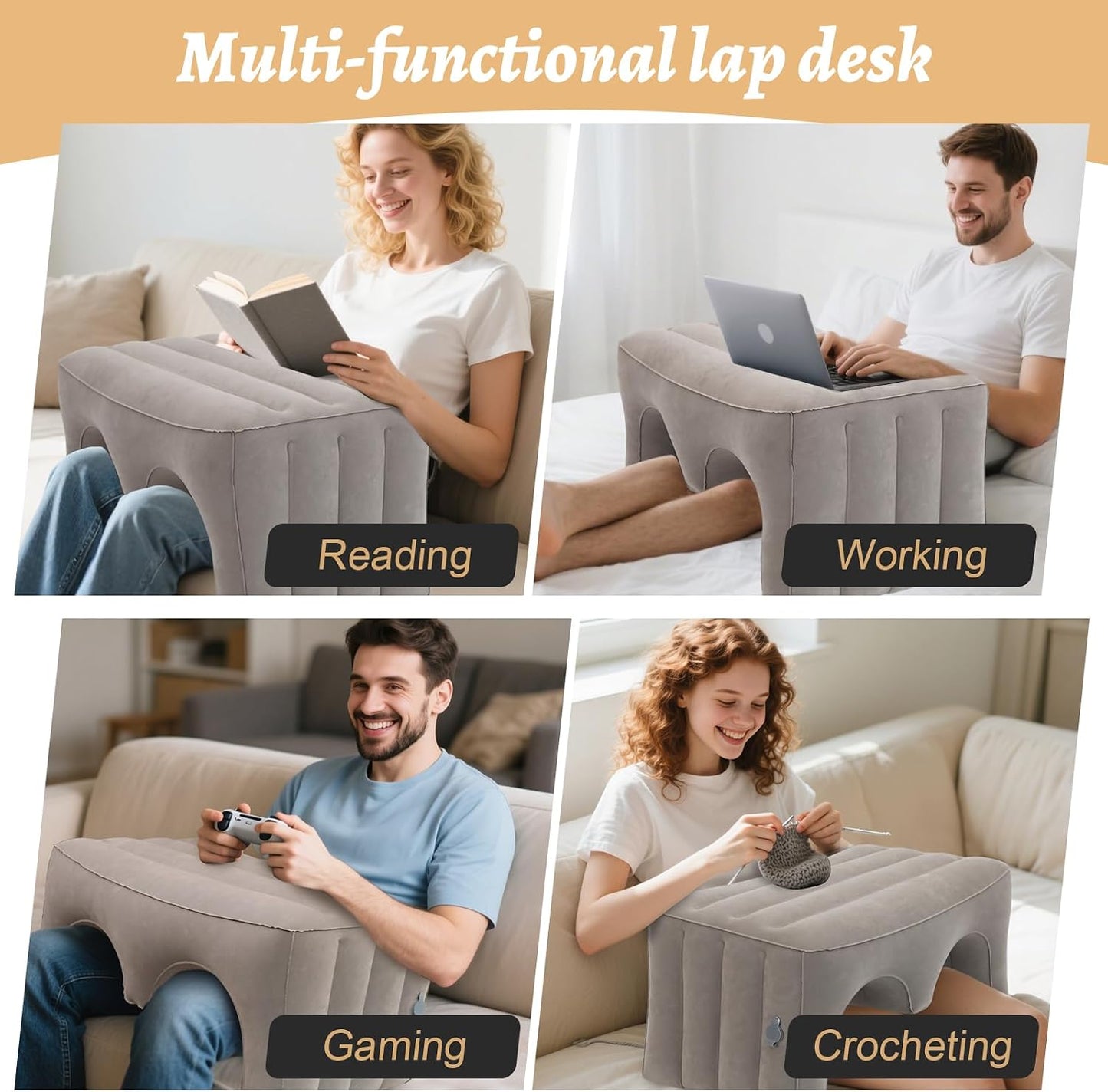 Inflatable Reading Pillow, Laptop Lap Desk with Inflatable Bag, Adjustable Gaming Pillows for Bed, Couch, Floor, Portable Leg Elevation Pillow for Comfortable Reading, Working, Crocheting