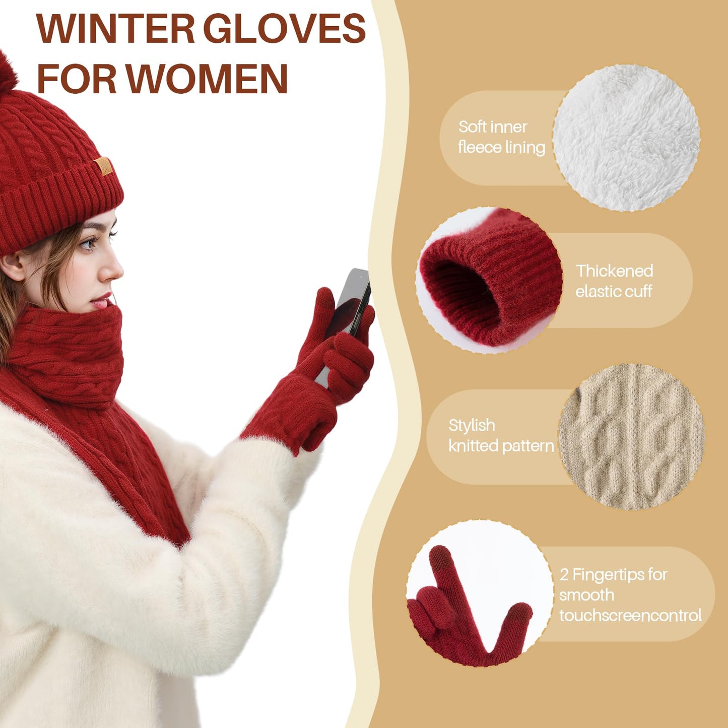 fauson Winter Hat Beanie Long Scarf Touchscreen Gloves Set, 3Pcs Fleece Lined Gloves Skull Cap Valentines Day Gifts for Her