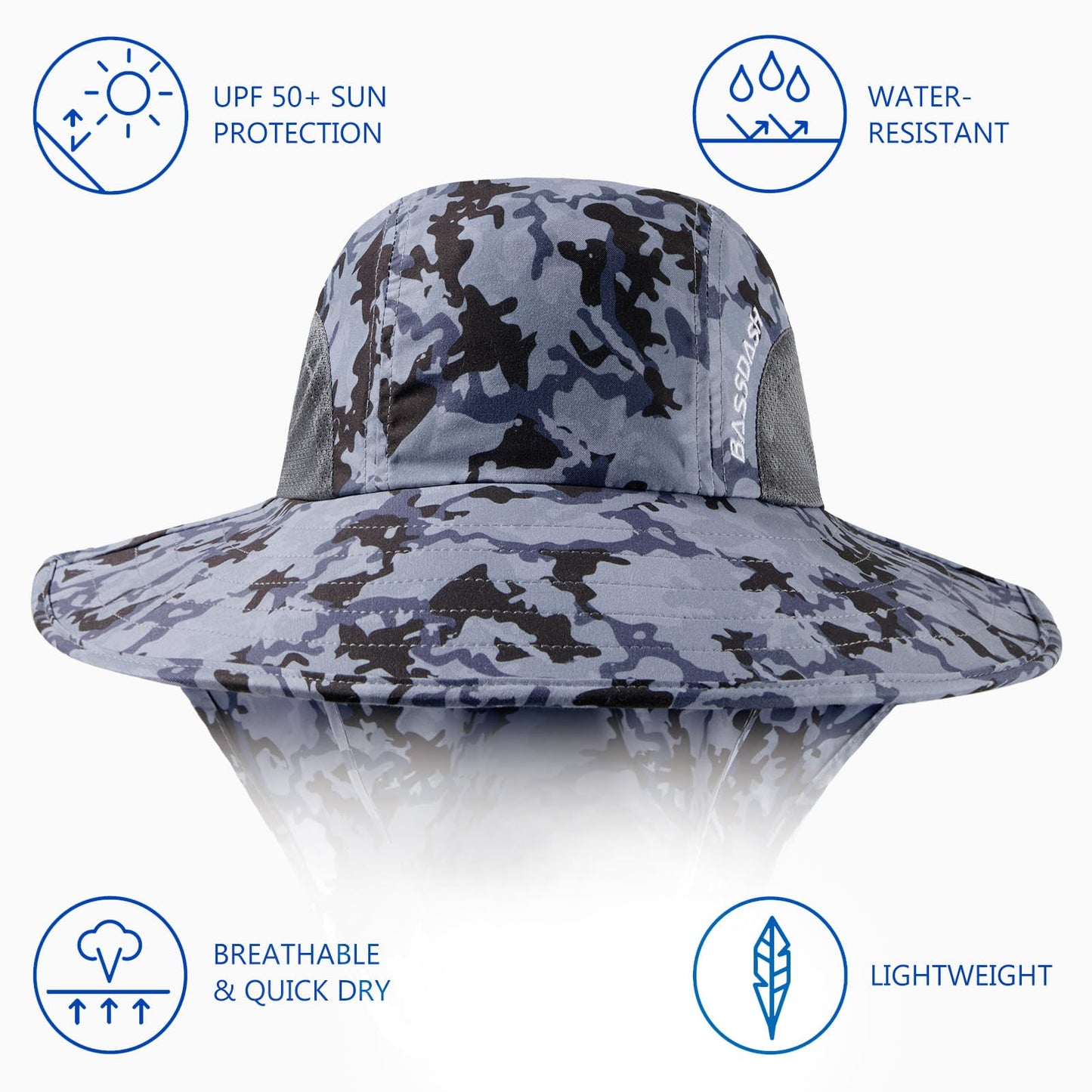 BASSDASH UPF 50+ Unisex Water Resistant Wide Brim Sun Hat with Large Neck Flap Ponytail Fishing Hat for Men Women