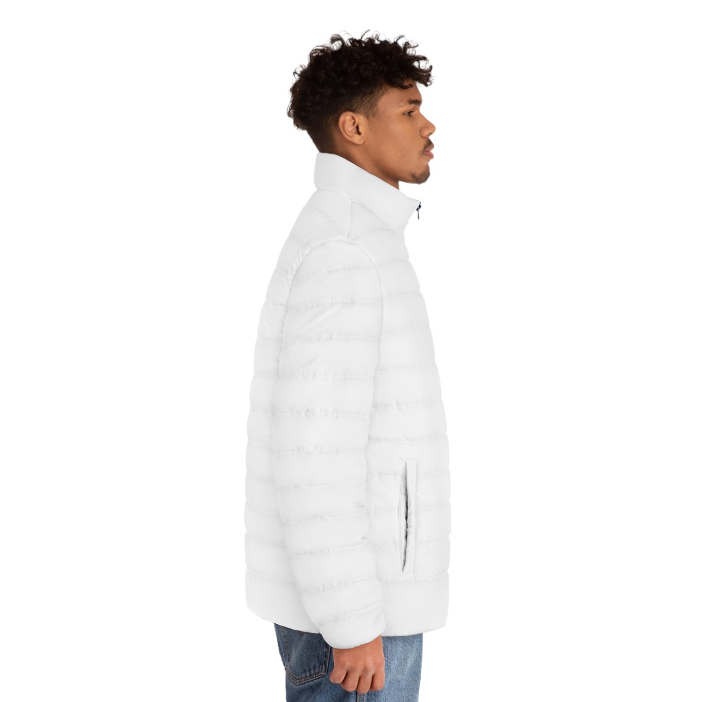Men's White Puffer Jacket — 'Warm Hands, Warm Heart' Embroidered Chest