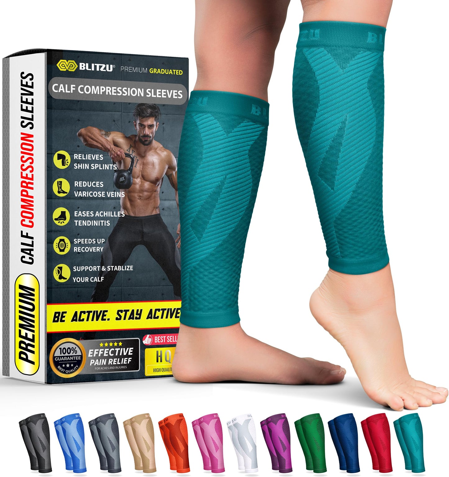 BLITZU Calf Compression Sleeve for Men & Women Footless Compression Socks Support Runners Leg Sleeve Shin Splints Pain Relief