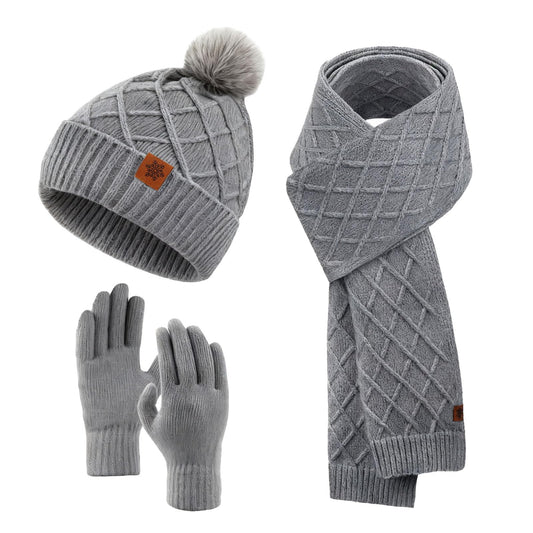 YARIEW Winter Hat Scarf and Gloves Set for Women, Warm Knitted Beanie with Pom Pom, Soft Ear Warmer Scarf, Warm Gloves