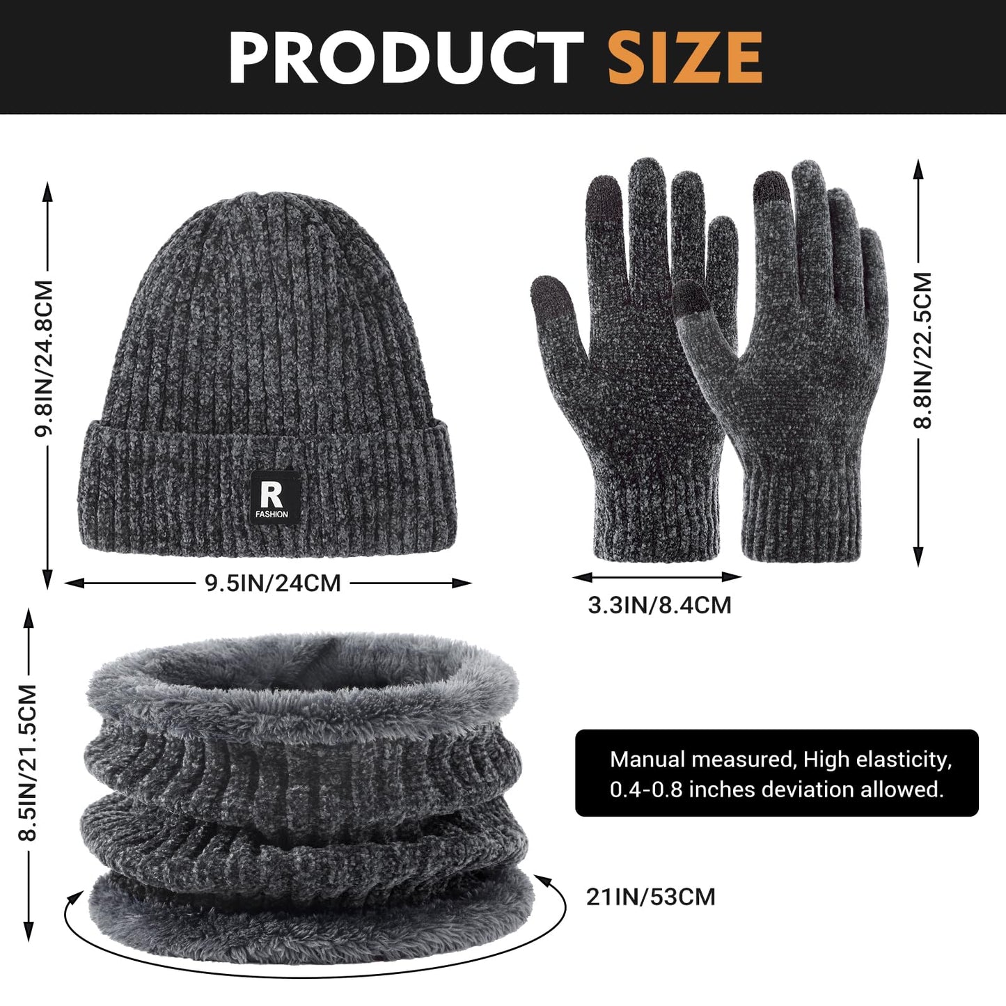 Winter Beanie Hat Circle Scarf Gloves Set for Men Women, Thick Warm Chenille Skull Cap Touchscreen Gloves Neck Warmer