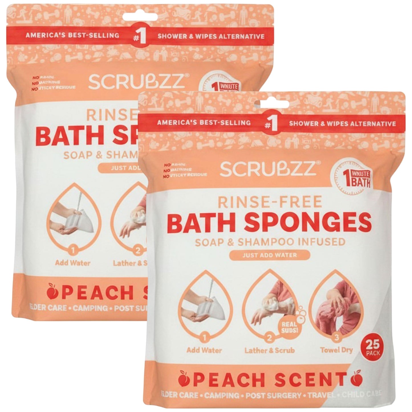 Scrubzz Disposable Rinse Free Bathing Wipes - 25 Pack - All-in-1 Single Use Shower Wipes, Simply Dampen, Lather, and Dry Without Shampoo or Rinsing