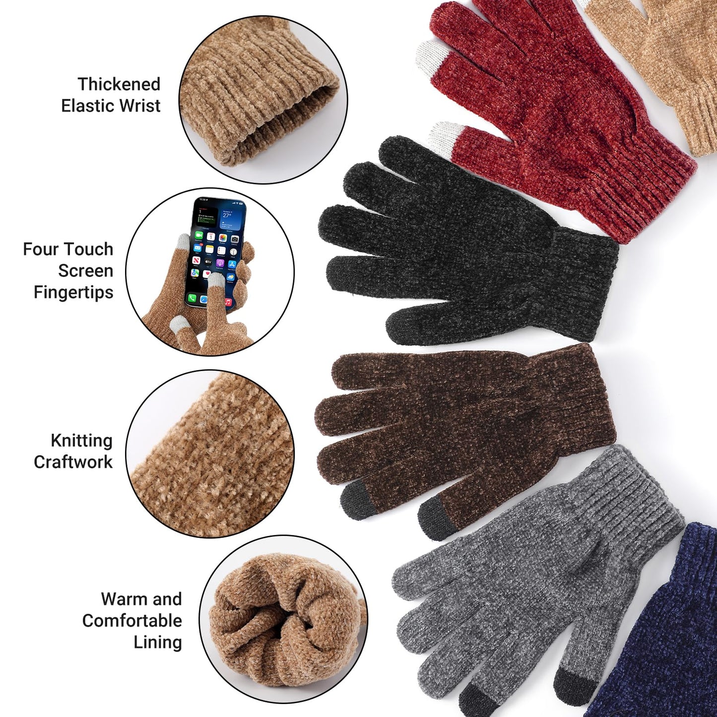 Winter Beanie Hat Circle Scarf Gloves Set for Men Women, Thick Warm Chenille Skull Cap Touchscreen Gloves Neck Warmer