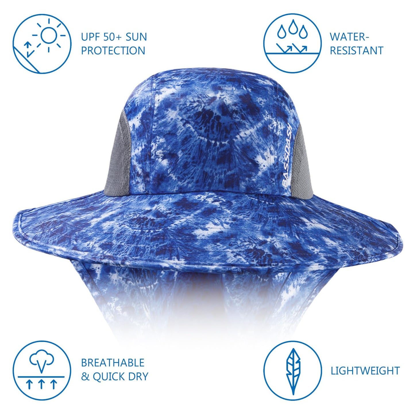 BASSDASH UPF 50+ Unisex Water Resistant Wide Brim Sun Hat with Large Neck Flap Ponytail Fishing Hat for Men Women
