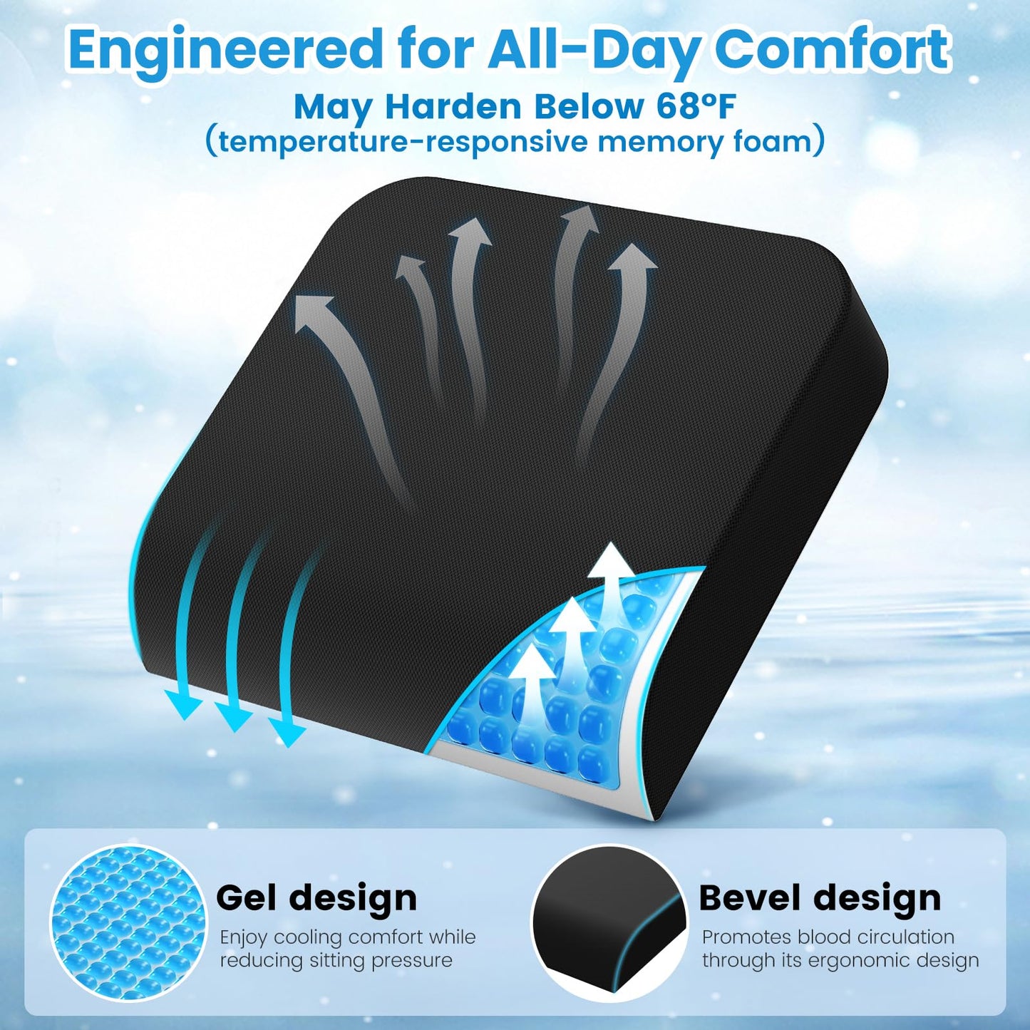 Wheelchair Seat Cushion for Pressure Relief, Cooling Gel Memory Foam Chair Cushion with Slope-Edge Design, Coccyx Support for Tailbone Pain, Non-Slip, for Wheelchairs, Office Chairs & Car Seats