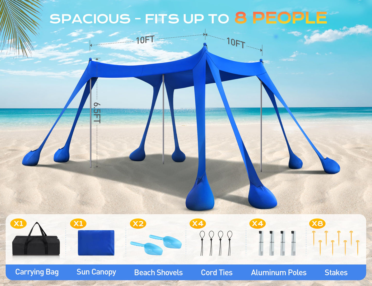 Rengue Beach Tent, Beach Canopy UPF50+ UV Protection, 10x10ft Beach Shade Sun Shelter with 8 Sandbags, Sand Shovels, Ground Peg, Stability Poles for Camping, Fishing, Picnic, Backyard Fun, Light Green