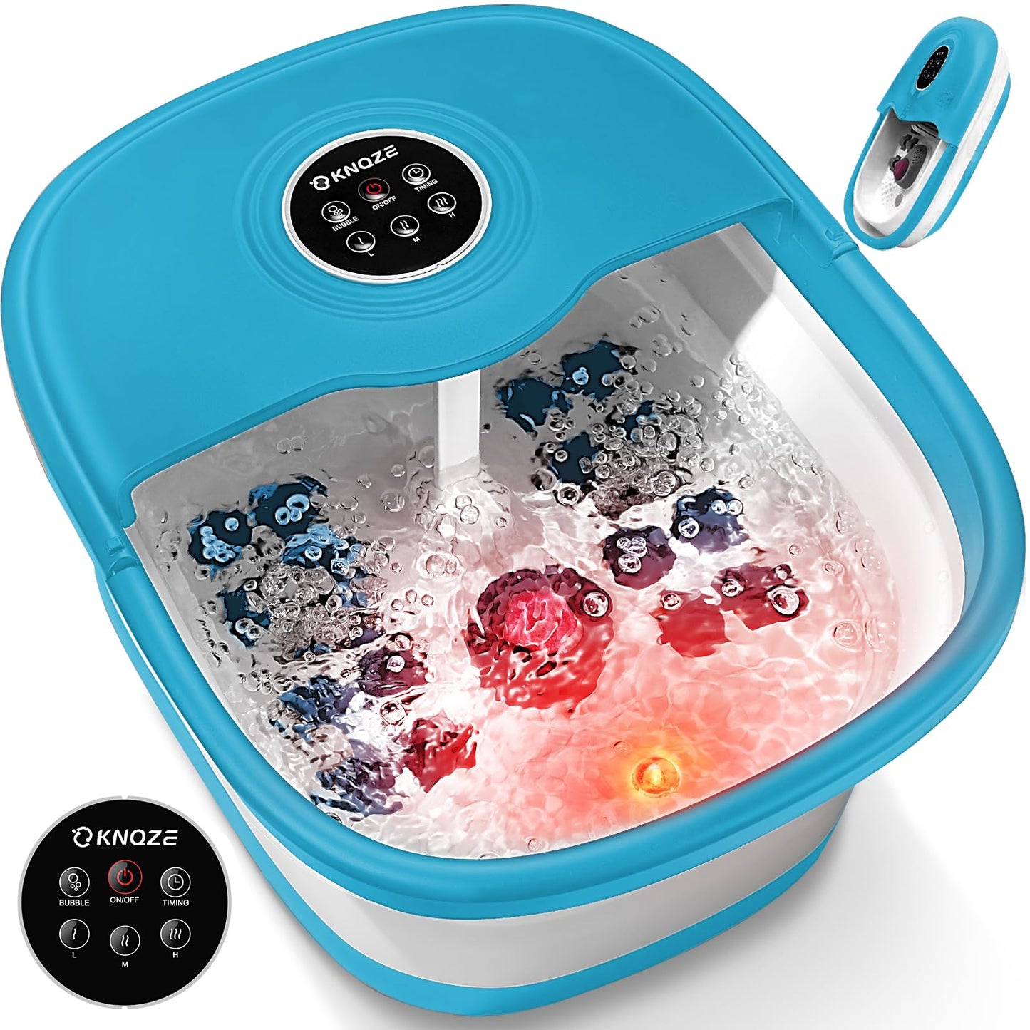 KNQZE Collapsible Foot Spa Bath with Heat & Remote Control, Bubble Massage, Temperature Control, Red Light, Timer, 16 Rollers & Pumice Stone for a Soothing Spa Experience