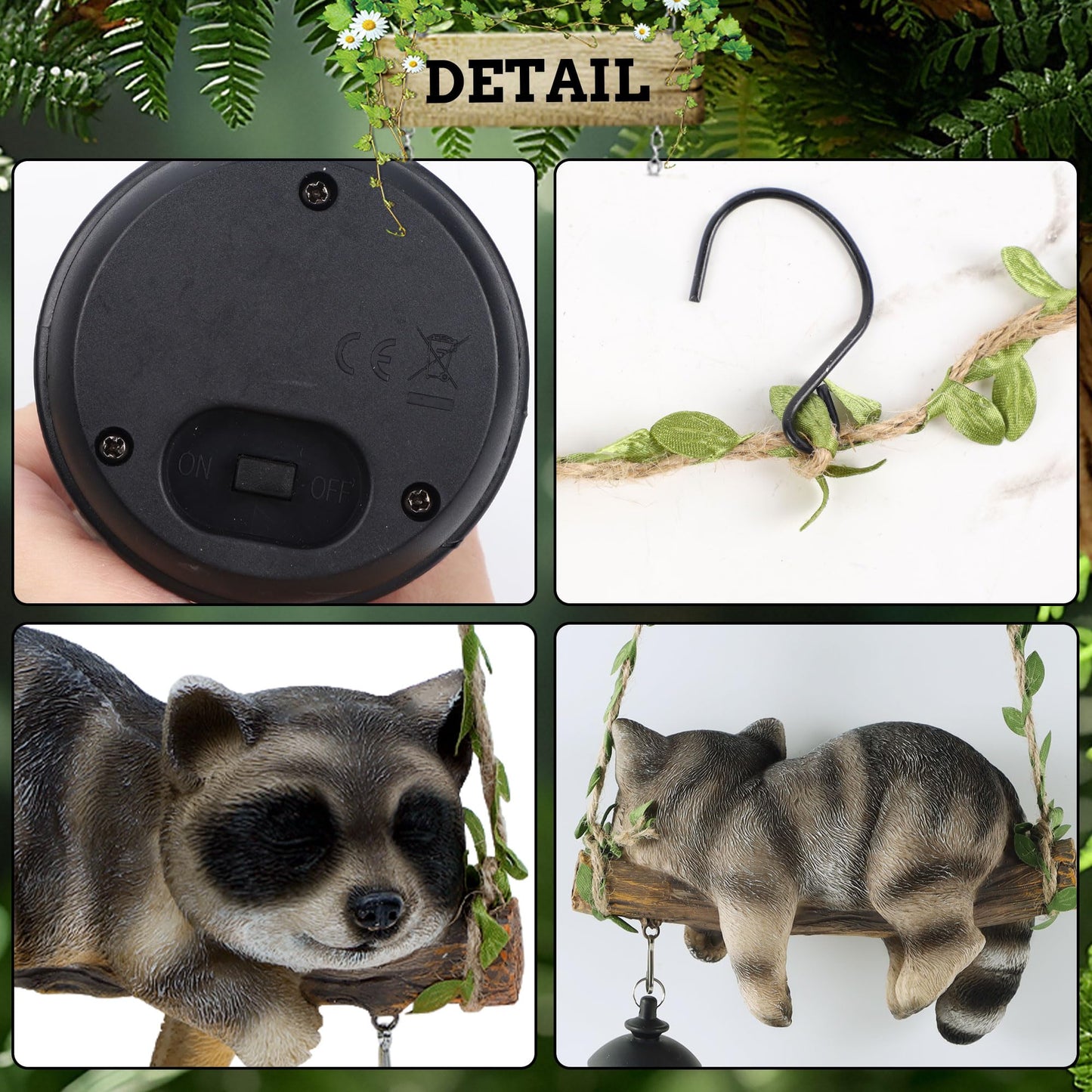 Solar Lighted Garden Outdoor Statue, 22.6" H Hanging Swing Lying with A Sleeping Cat and A LED Lantern, Resin Animal Figurine Hanging Ornaments with Hook for Decoration & Gift