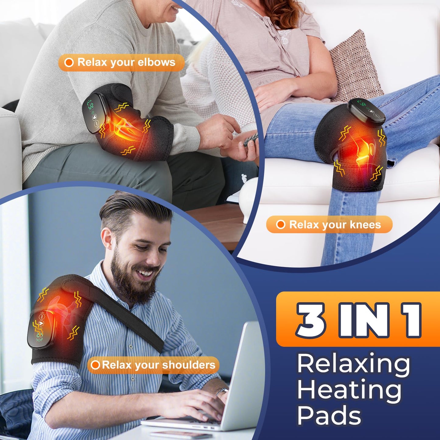 Cordless Heated Knee Massager, FSA Eligible 3-in-1 Wearable Wrap for Knee, Elbow and Shoulder, Rechargeable Heat and Vibration Massager, 6 Heat Levels, 3 Massage Modes