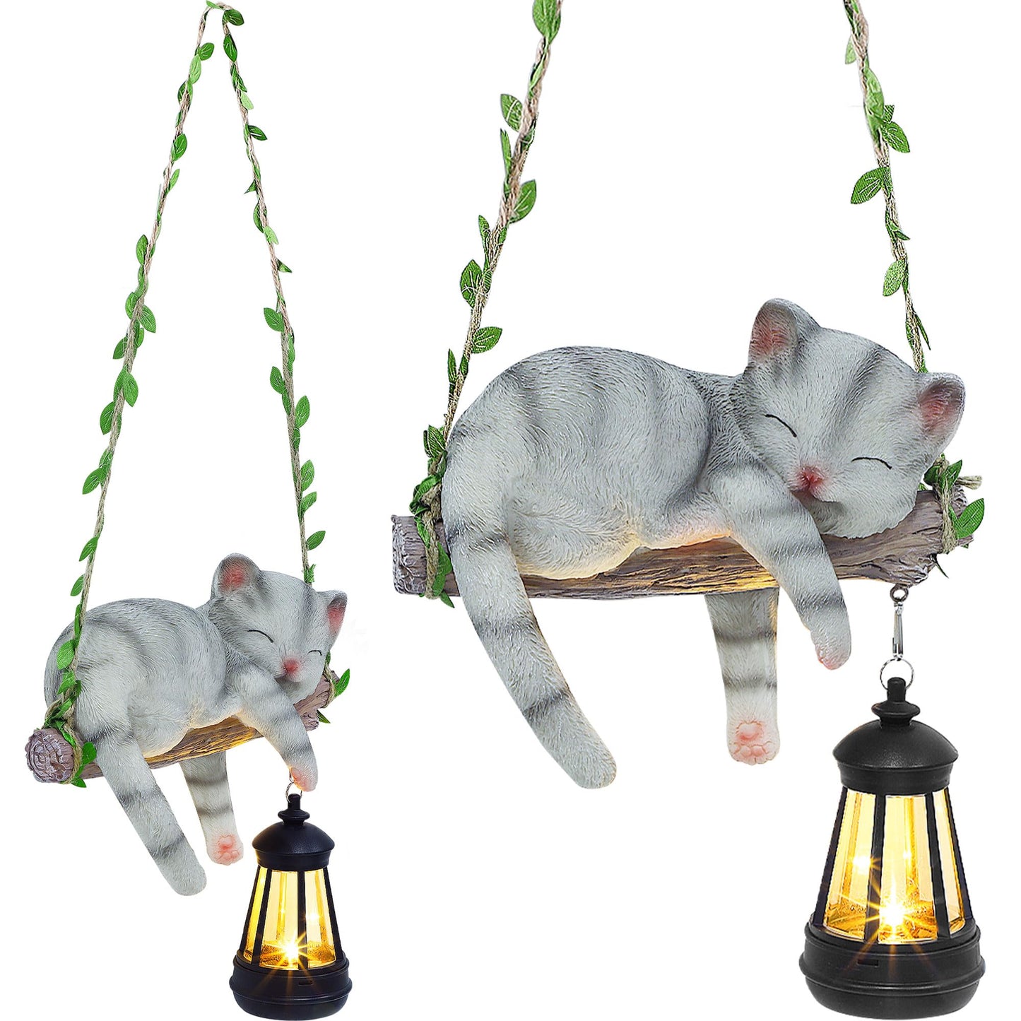 Solar Lighted Garden Outdoor Statue, 22.6" H Hanging Swing Lying with A Sleeping Cat and A LED Lantern, Resin Animal Figurine Hanging Ornaments with Hook for Decoration & Gift