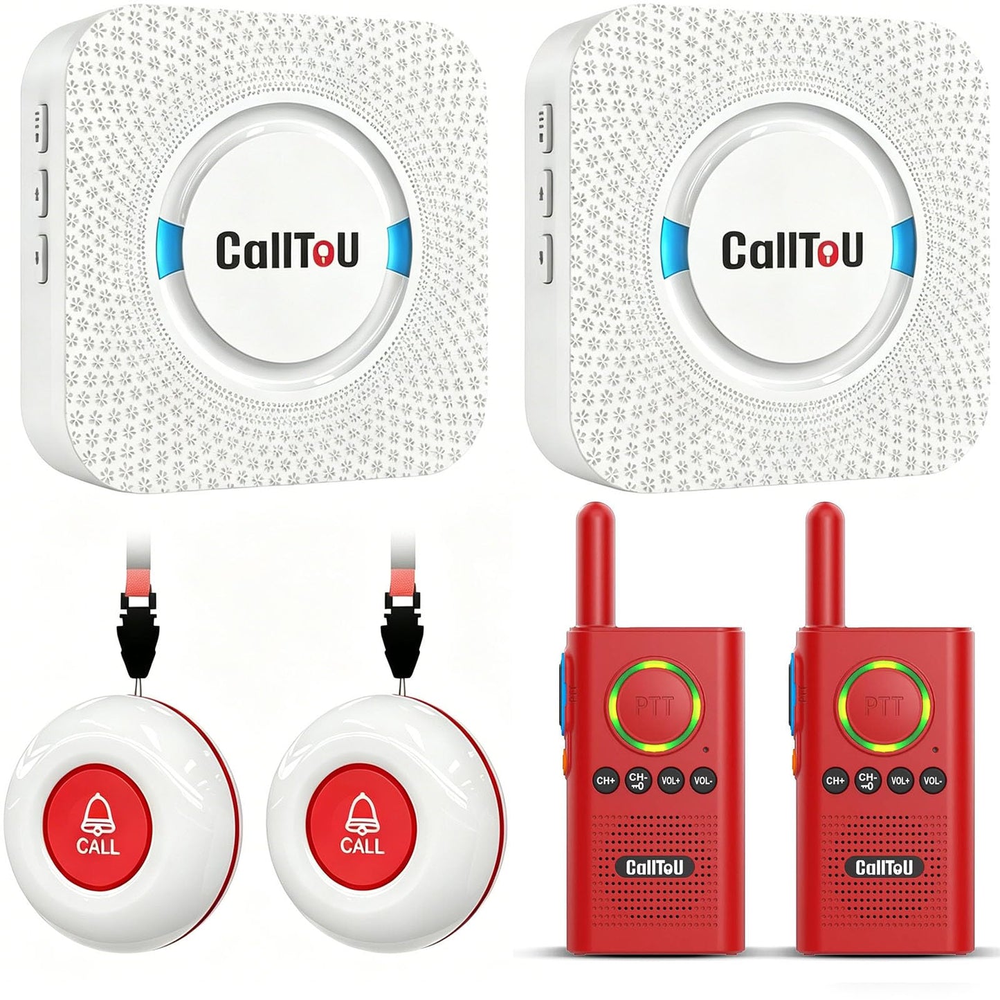 CallToU Wireless Caregiver Pager Smart Call System 2 SOS Call Buttons/Transmitters 2 Receivers Nurse Calling Alert Patient Help System for Home/Personal Attention Pager 500+Feet Plugin Receiver