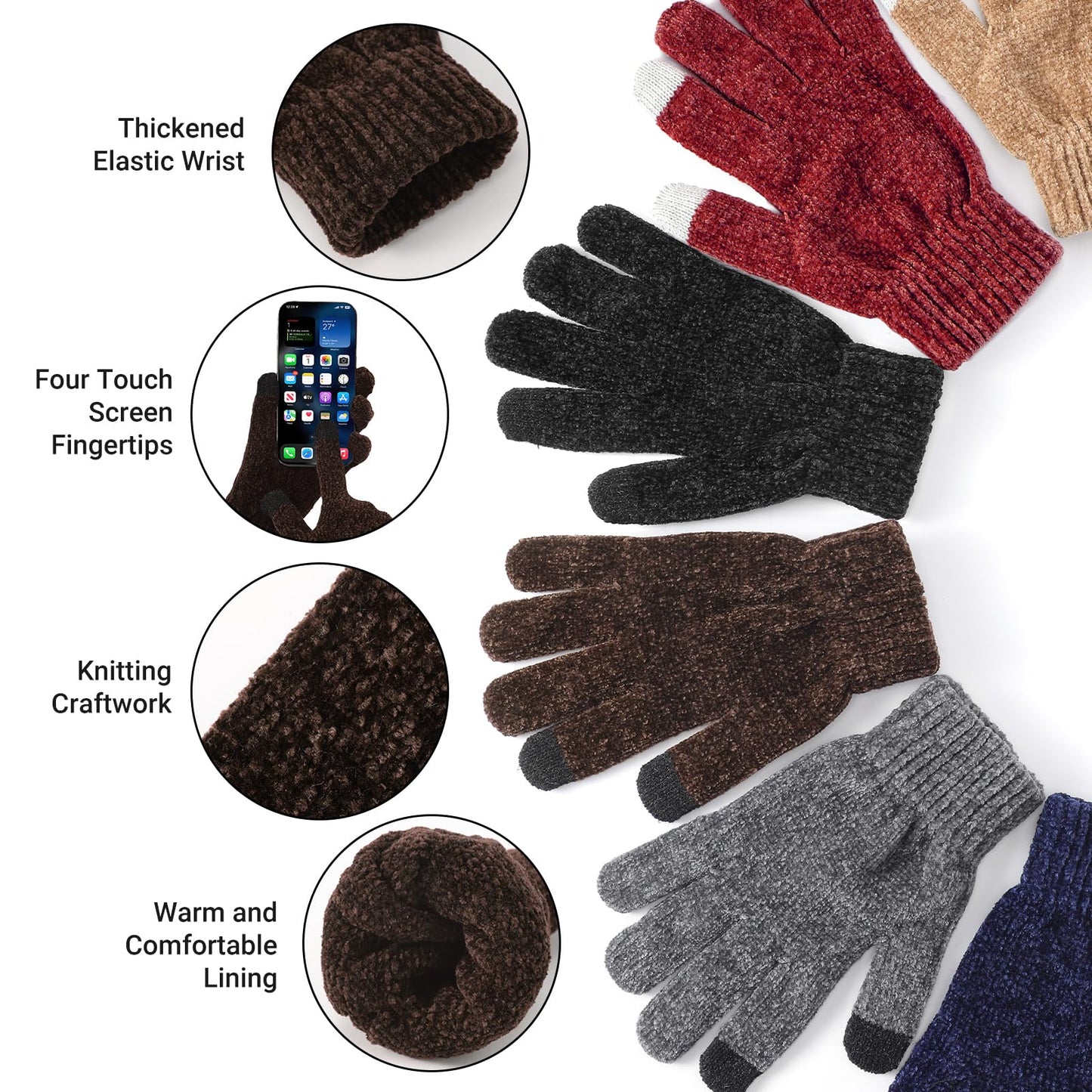 Winter Beanie Hat Circle Scarf Gloves Set for Men Women, Thick Warm Chenille Skull Cap Touchscreen Gloves Neck Warmer