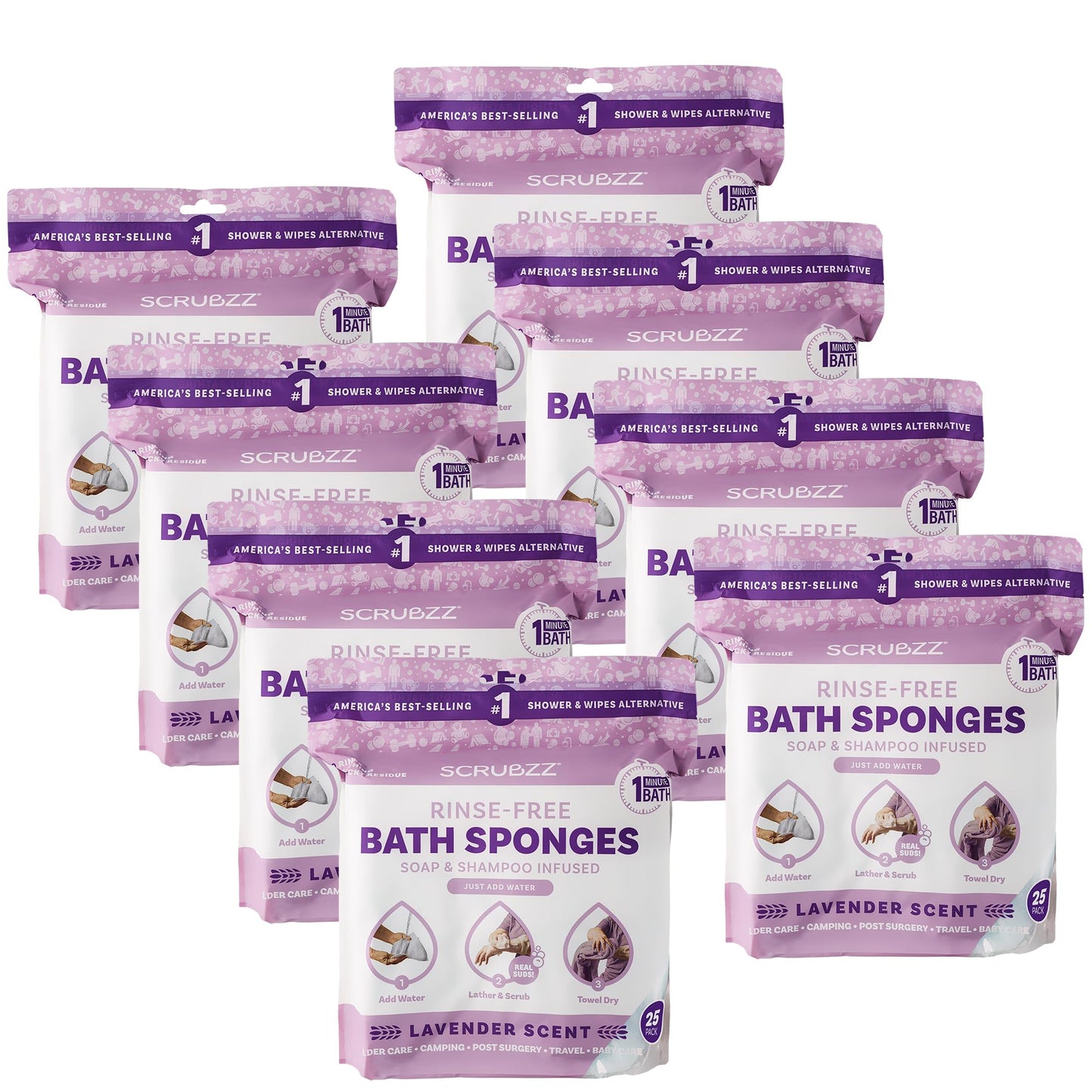 Scrubzz Disposable Rinse Free Bathing Wipes - 25 Pack - All-in-1 Single Use Shower Wipes, Simply Dampen, Lather, and Dry Without Shampoo or Rinsing