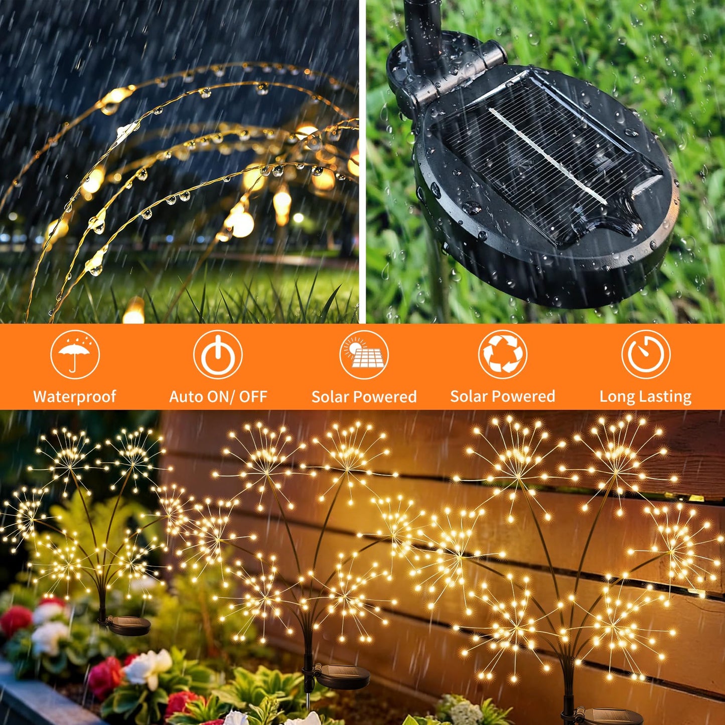JJGoo Solar Garden Lights, New Upgraded 2 Pack Solar Swaying Starburst Light, Waterproof Fireworks Outdoor Lights, Yard Patio Pathway Decoration, Warm White