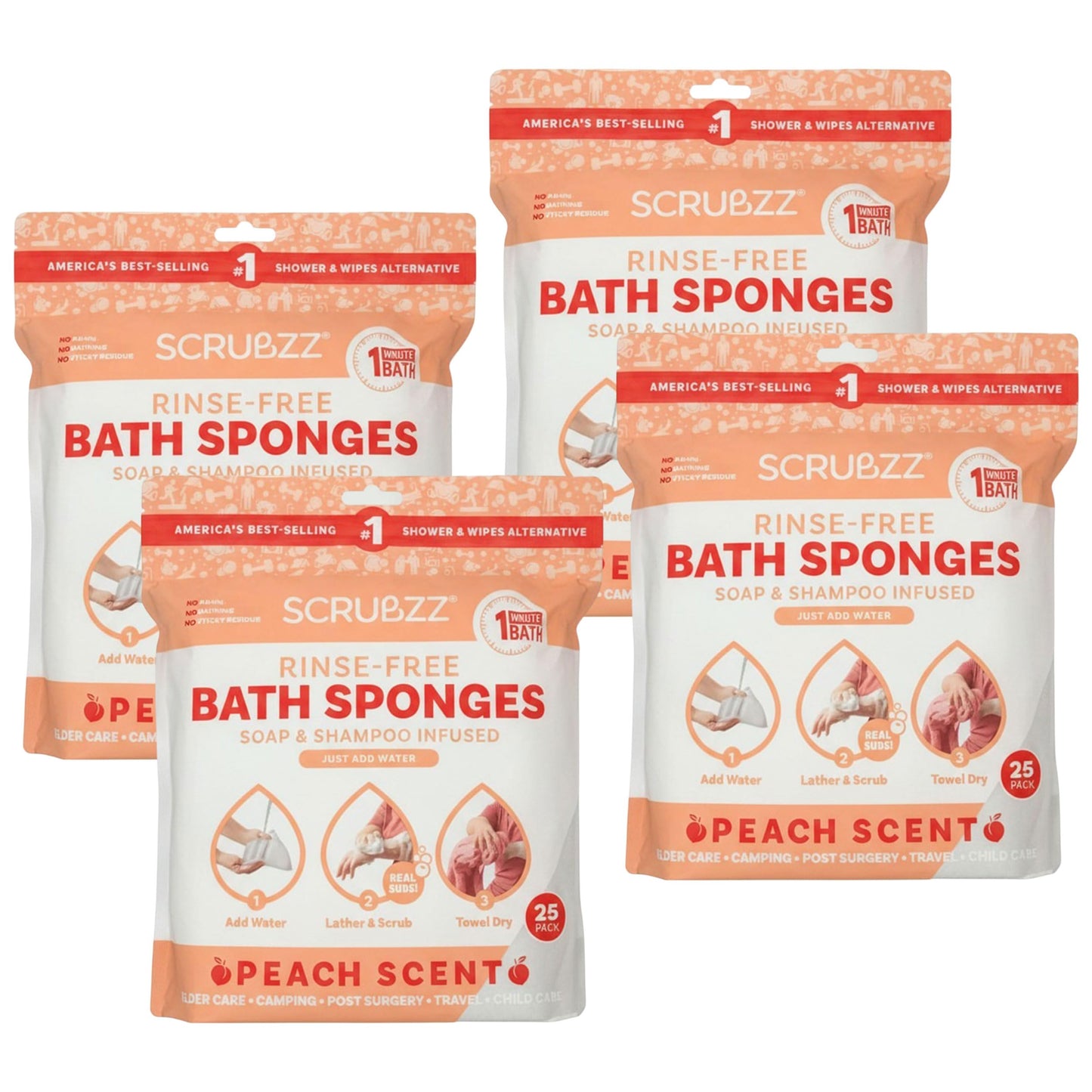 Scrubzz Disposable Rinse Free Bathing Wipes - 25 Pack - All-in-1 Single Use Shower Wipes, Simply Dampen, Lather, and Dry Without Shampoo or Rinsing