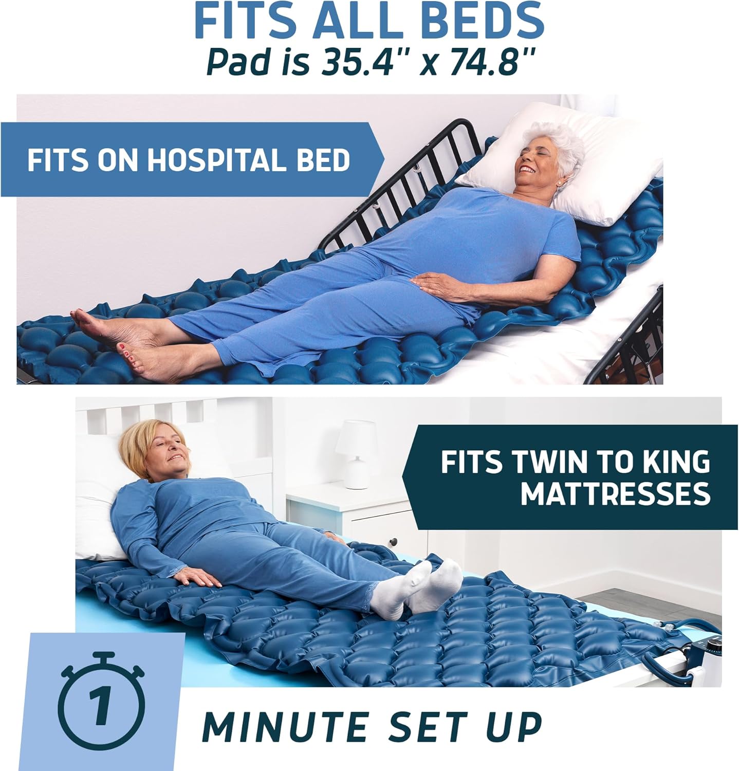 Lunderg Alternating Air Pressure Mattress Pad with Static Mode - Comfortable Bed Sore Prevention - Includes Waterproof Mattress Topper for Hospital Bed or Home & Quiet Pump - Doctors Recommended