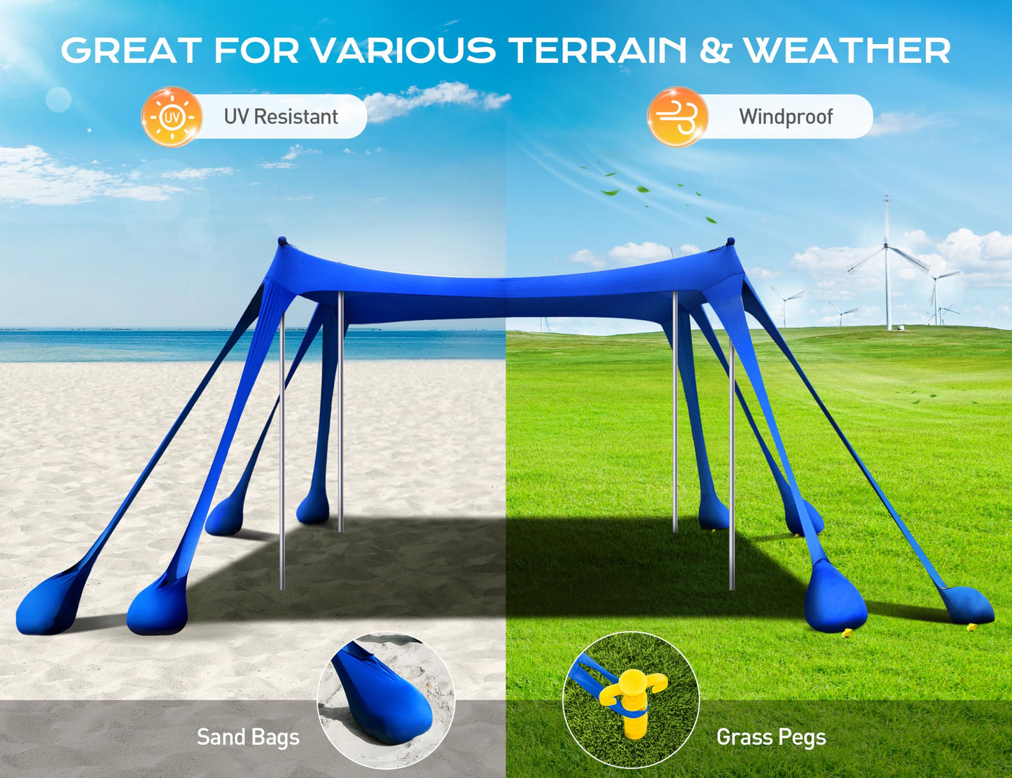 Rengue Beach Tent, Beach Canopy UPF50+ UV Protection, 10x10ft Beach Shade Sun Shelter with 8 Sandbags, Sand Shovels, Ground Peg, Stability Poles for Camping, Fishing, Picnic, Backyard Fun, Light Green