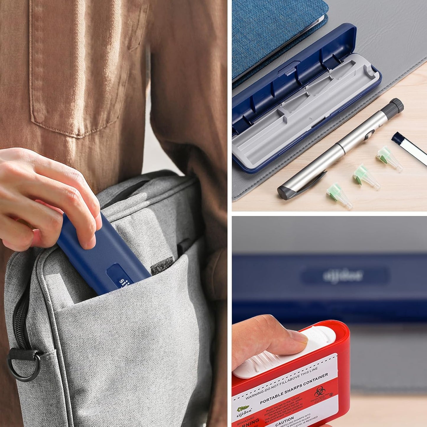 sijidou Portable Insulin Pen and Needle Travel Case, Holds 1 Insulin Pen, 3 Needles and 1 Insulin Cartridge, with 2 Pack Pocket Sharps Container, Keep Diabetic Supply Organizer & Safe