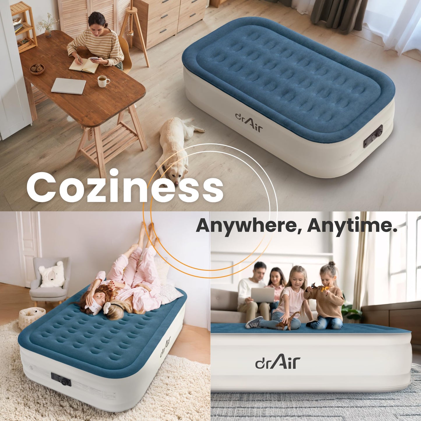 Dr. air Full Air Mattress with Built-in Pump, 18" Raised Blow Up Mattress, 600 lbs Max Honeycomb Air Bed, 48Hr Leak-Proof Test, 3min Inflatable Mattress for Home, Guests, Camping, Colchones inflables