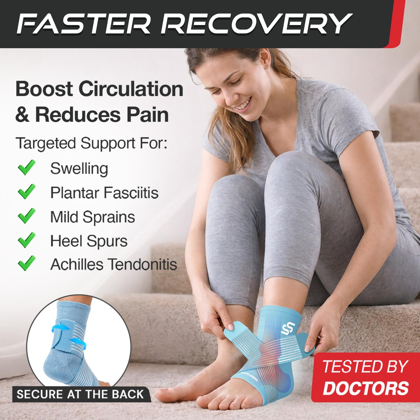 Sleeve Stars Ankle Brace for Women & Men, Ankle Wrap for Sprain, Compression Sleeve for Plantar Fasciitis Relief, Easy Customizable Support: w/ Removable Strap (Single/M:10"-12"/Black)